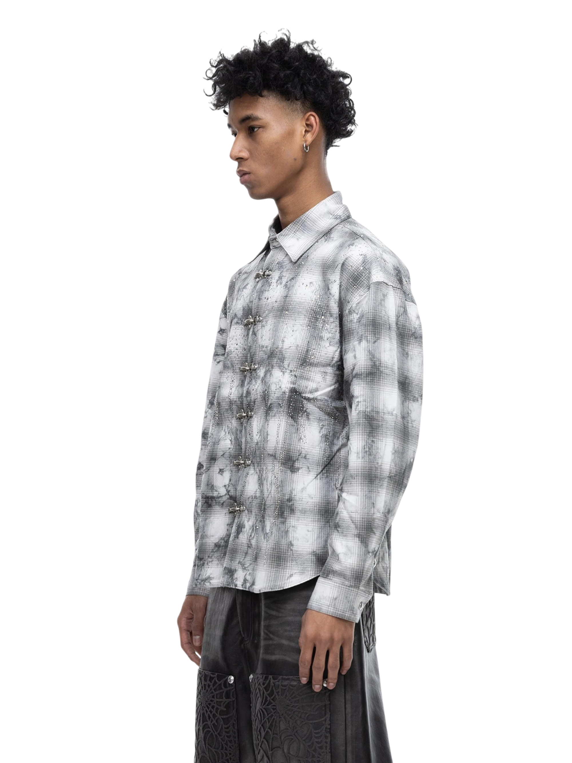 TBHNP Eclipse of the Blood Moon rhinestone buckle plaid flannel shirt — men's gothic streetwear button-up