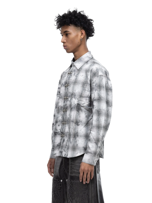 ECLIPSE OF THE BLOOD MOON RHINESTONE BUCKLE PLAID SHIRT