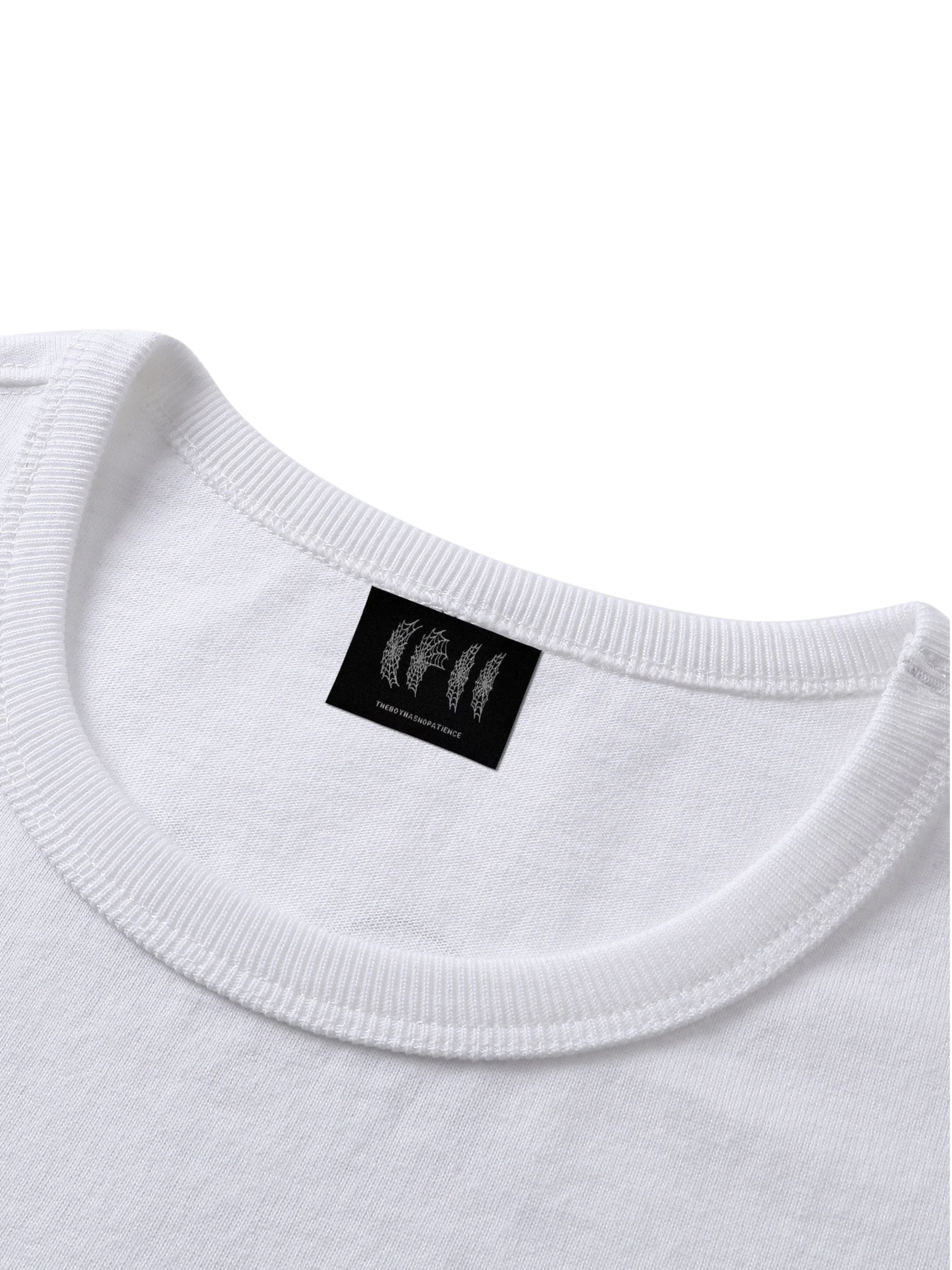 Close-up of the flocked shadowbat back print on TBHNP white vest — men's streetwear detail