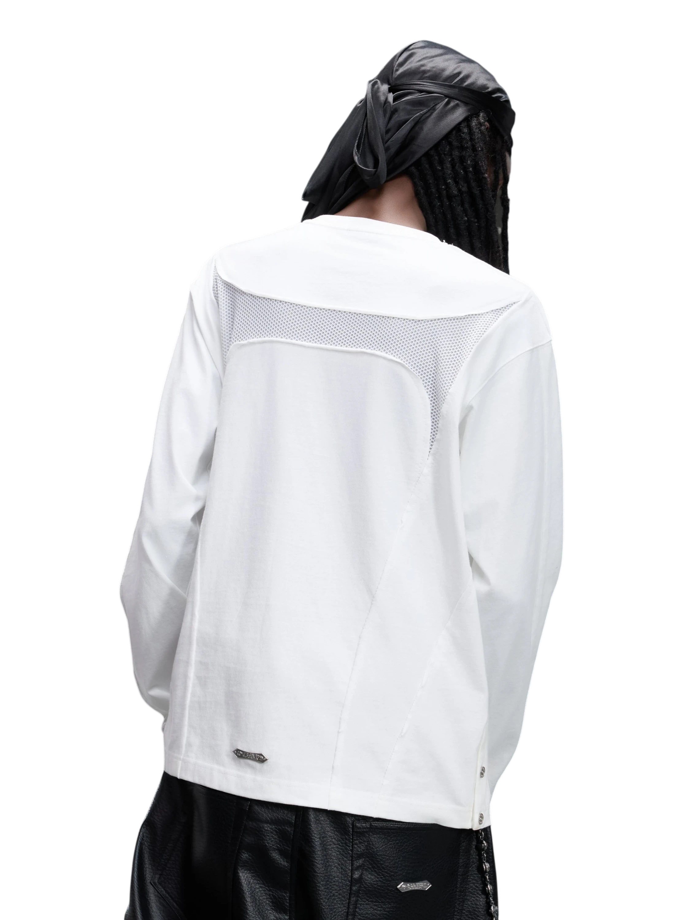 TBHNP Luminous Dawn sculpted mesh-panel long sleeve tee with metallic astral emblem — gothic streetwear