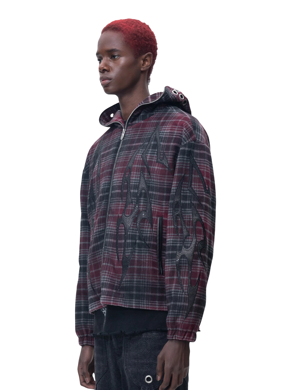 TBHNP Eclipse of the Blood Moon knight plaid zip hooded shirt — men's gothic streetwear shirt