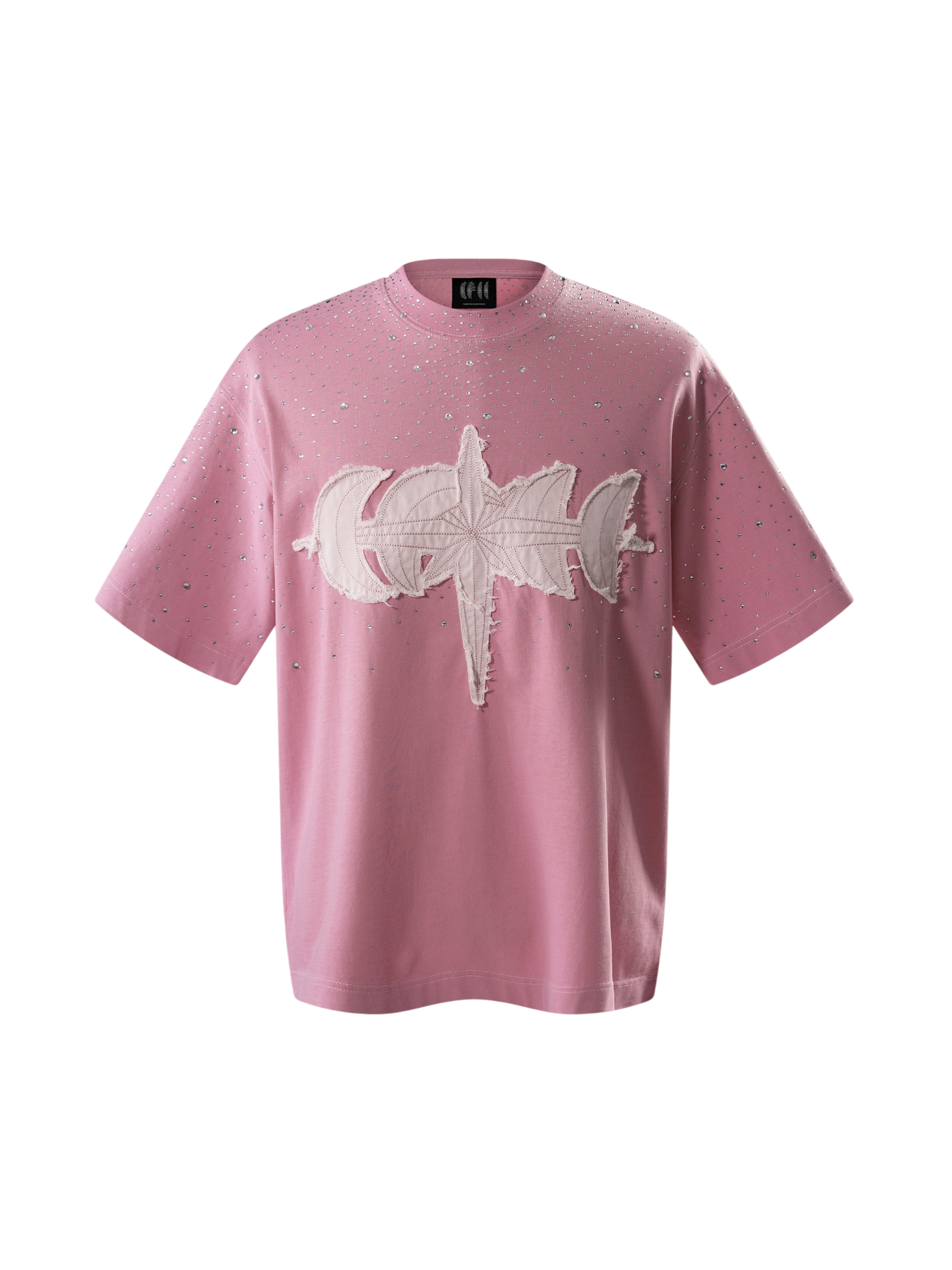 TBHNP Luminous Dawn washed boxy cotton t-shirt with rhinestones and patch embroidery — men's streetwear graphic tee