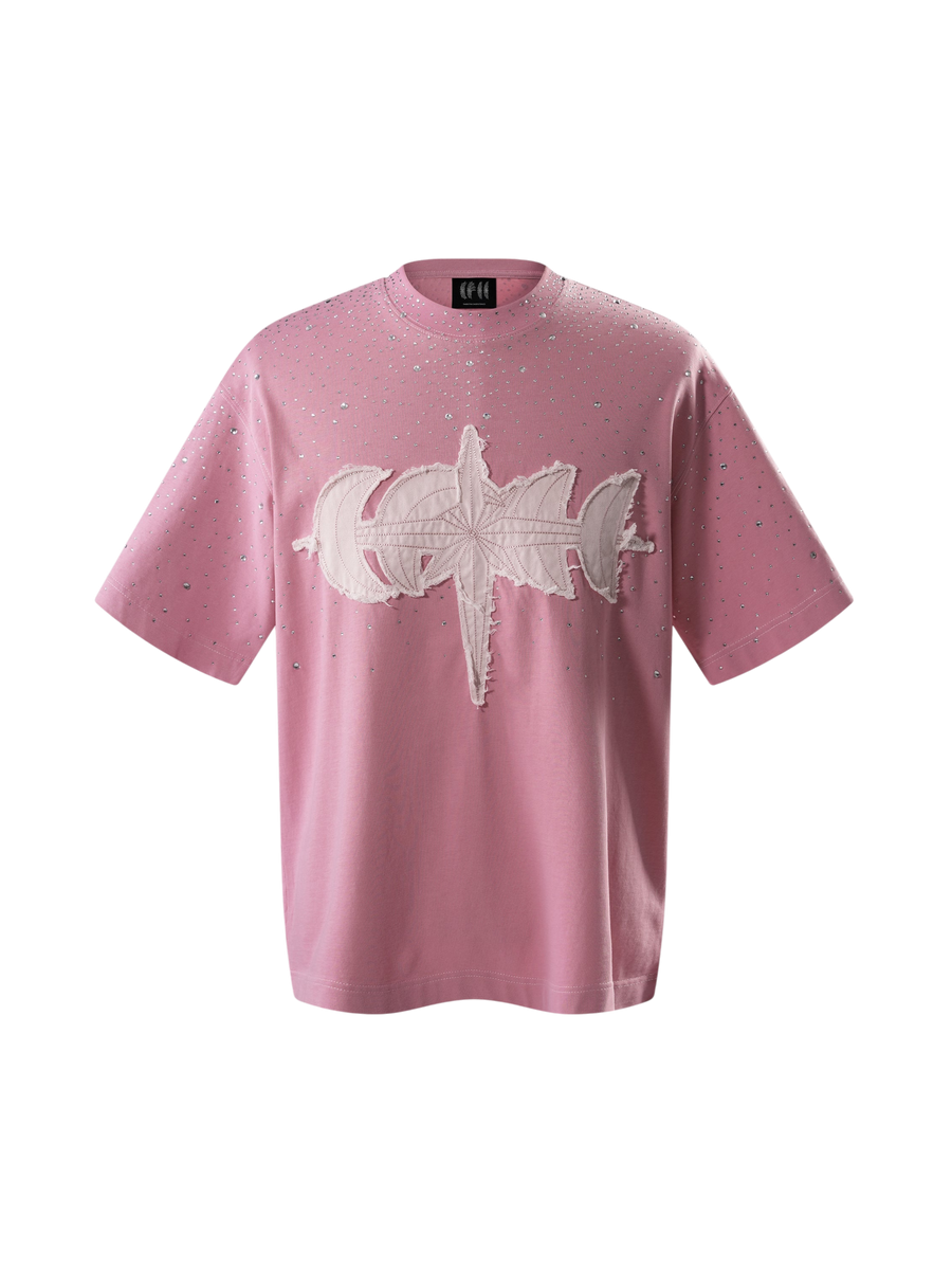 TBHNP Luminous Dawn washed boxy cotton t-shirt with rhinestones and patch embroidery — men's streetwear graphic tee