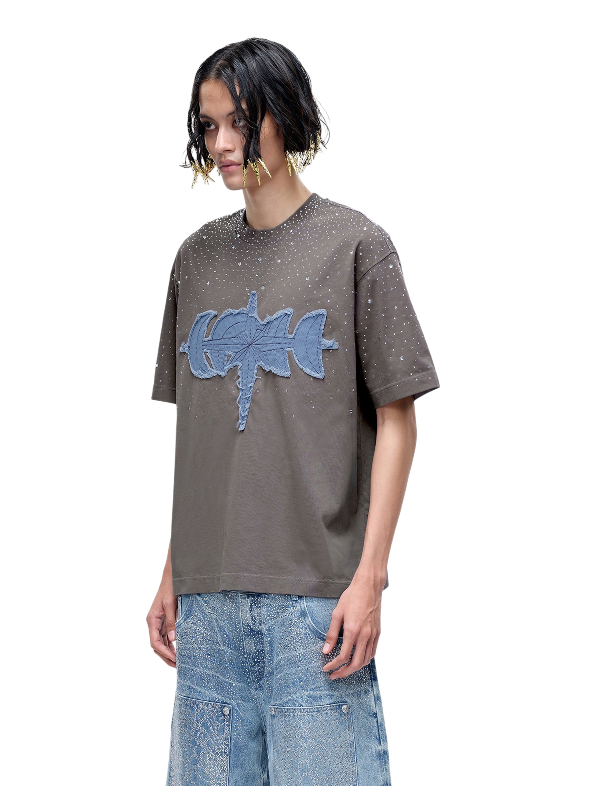 TBHNP Luminous Dawn washed boxy cotton t-shirt with rhinestones and patch embroidery — men's streetwear graphic tee
