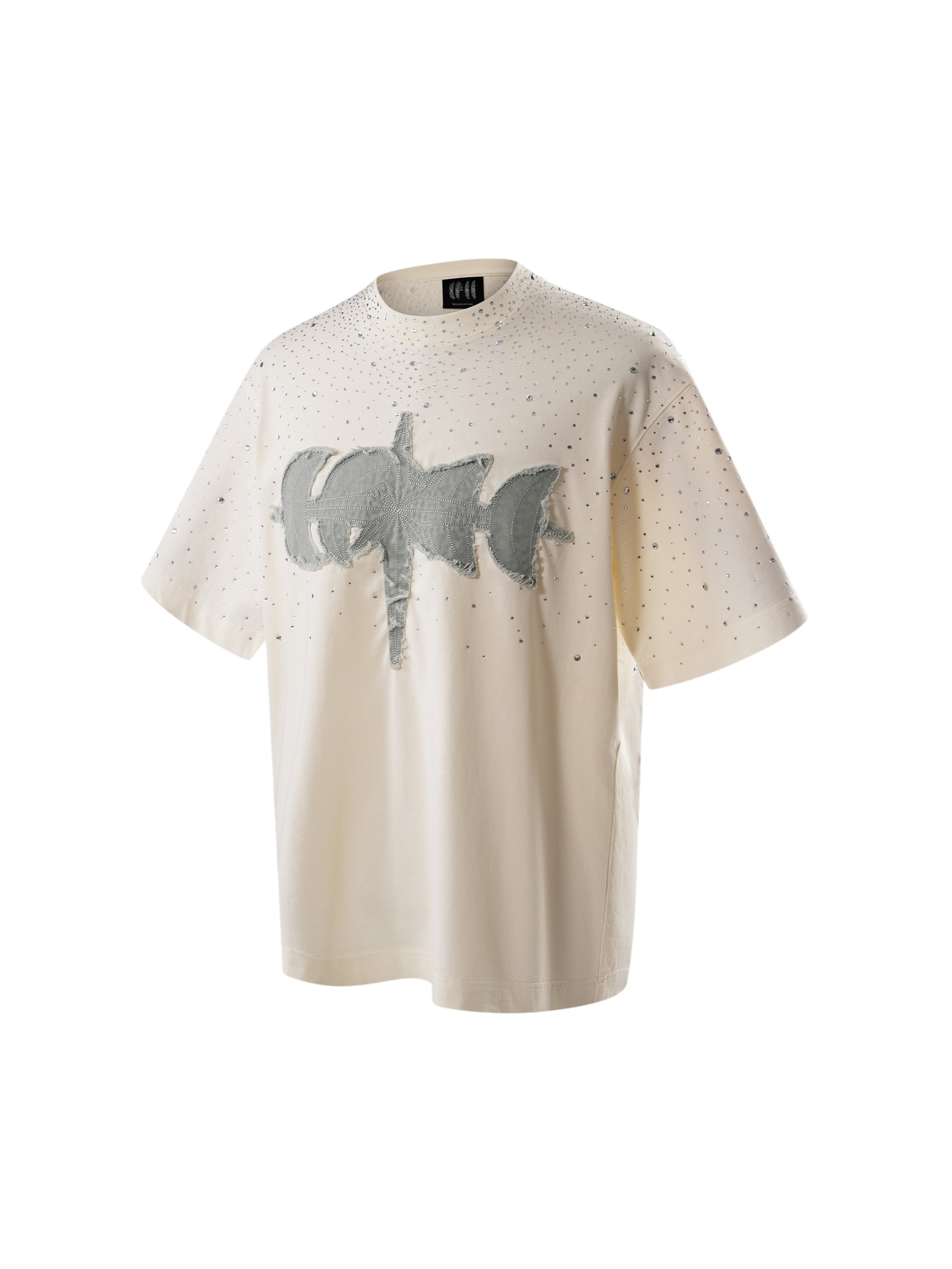 TBHNP Luminous Dawn washed boxy cotton t-shirt with rhinestones and patch embroidery — men's streetwear graphic tee