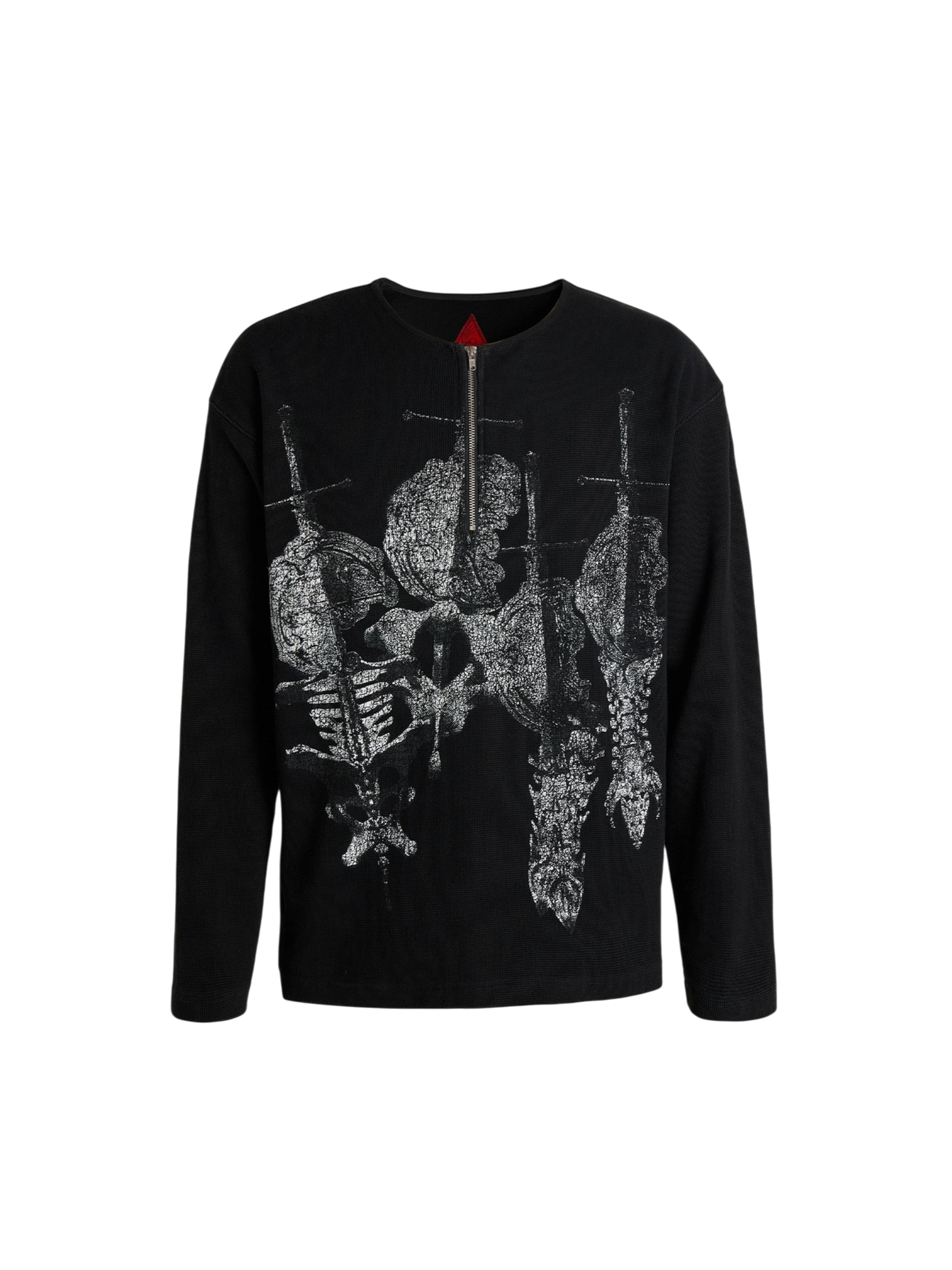 TBHNP printed bone & sword waffle henley long-sleeve tee in black, front view — men's streetwear tee