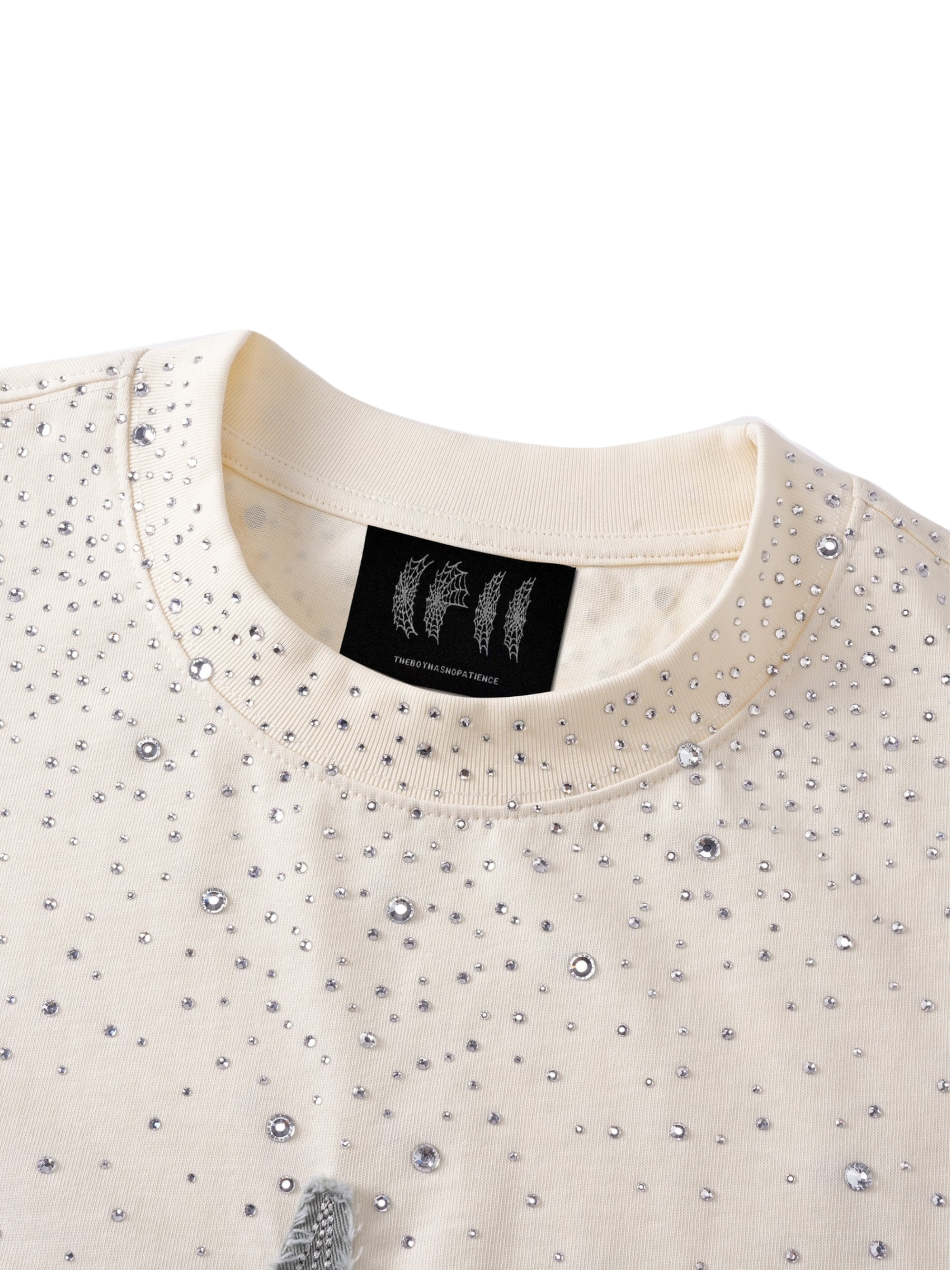 TBHNP Luminous Dawn washed boxy cotton t-shirt with rhinestones and patch embroidery — men's streetwear graphic tee