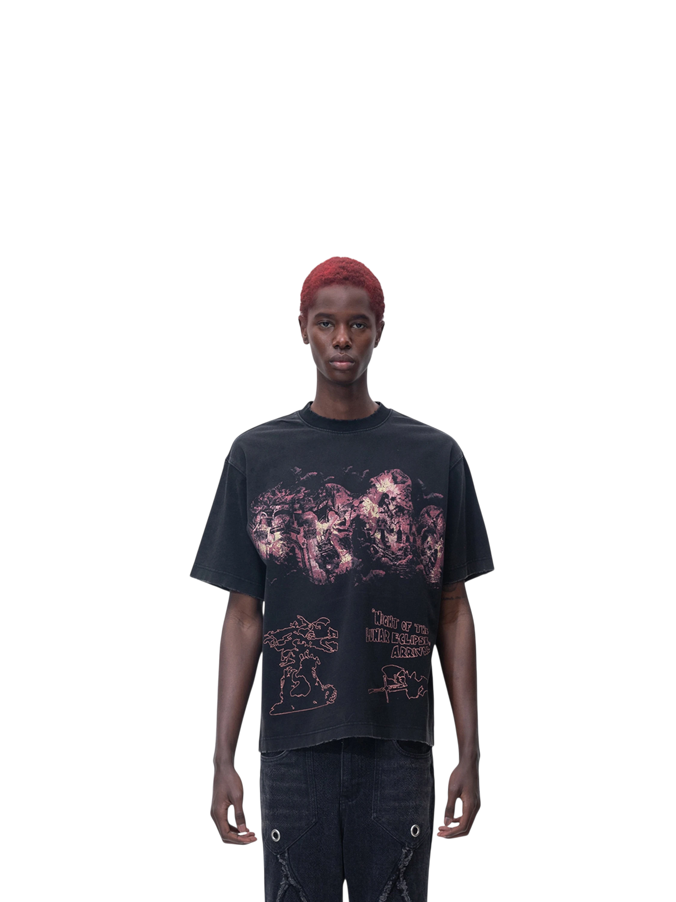 Model wearing TBHNP black arrival short-sleeve tee, front — men's streetwear tee