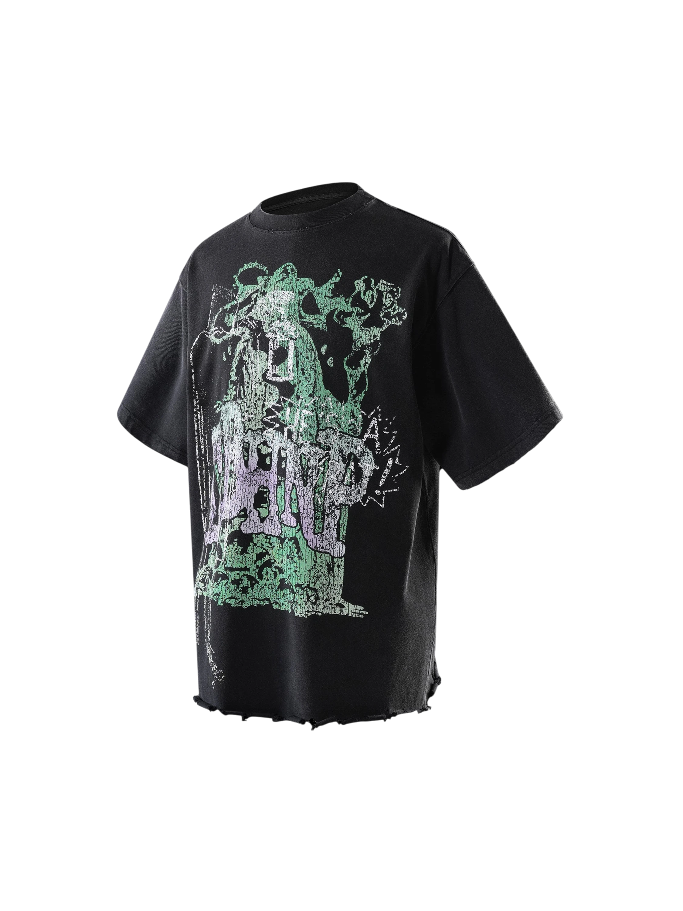 TBHNP black Wraith Sorcerer destroyed tee, front flat-lay with green print — men's streetwear tee