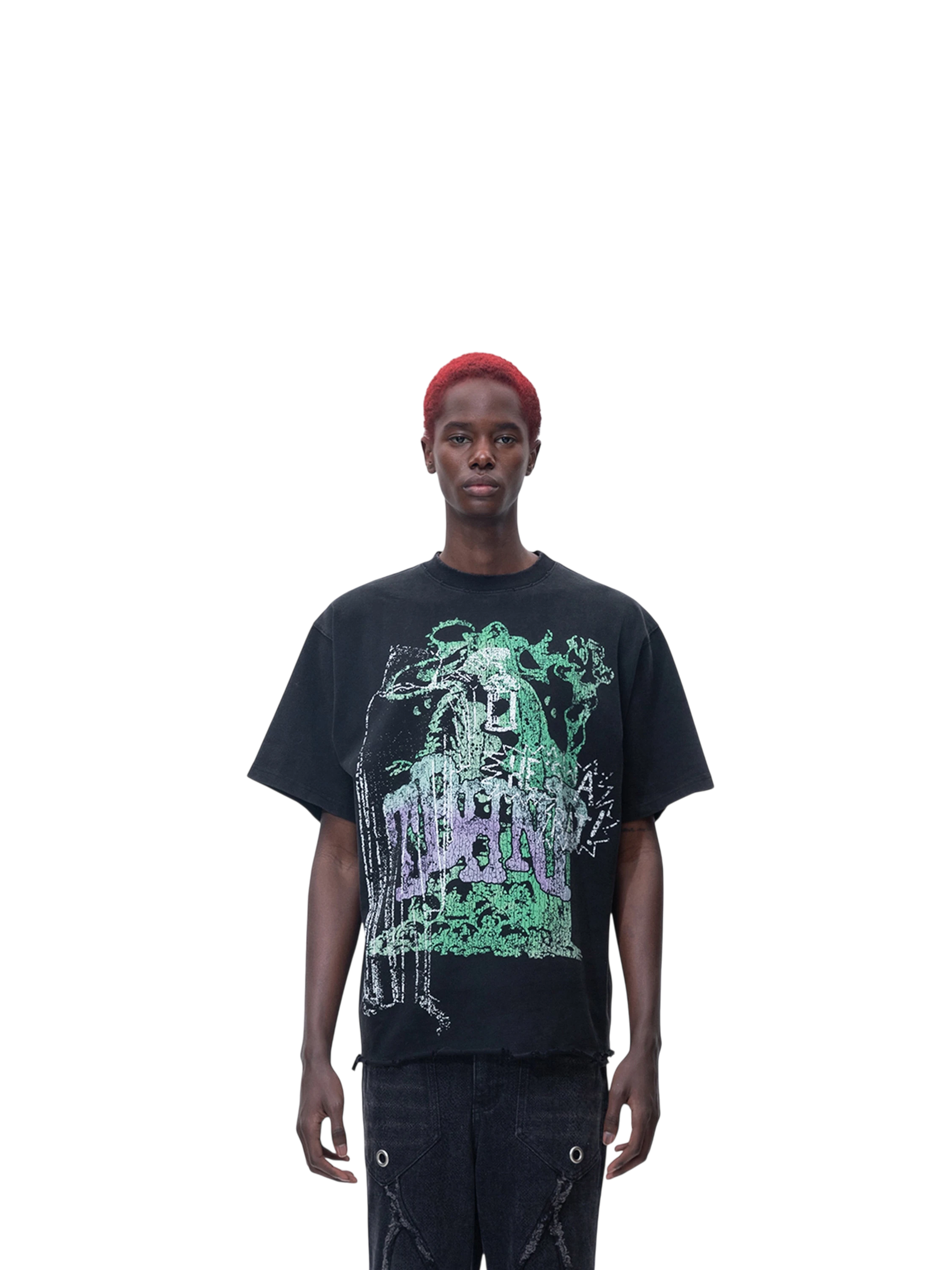 Model wearing TBHNP black Wraith Sorcerer destroyed tee, front — men's streetwear tee