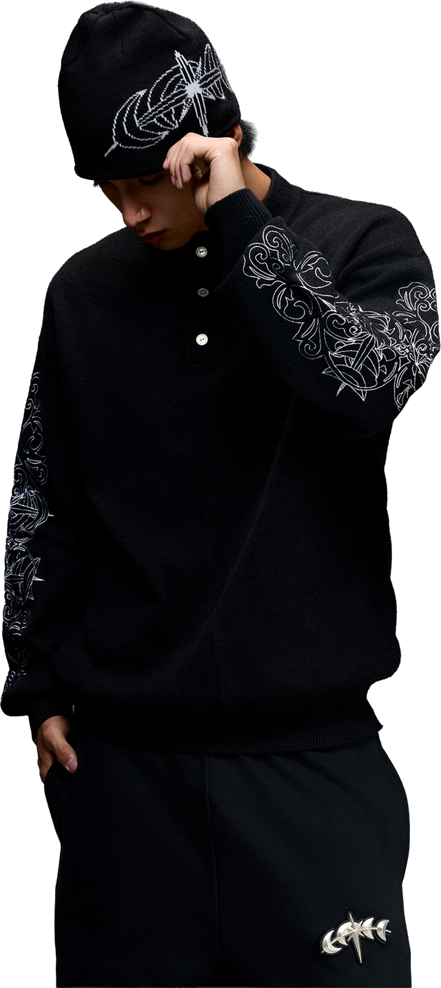 CLASSIC BAROQUE EMBROIDERY HENLEY SWEATER