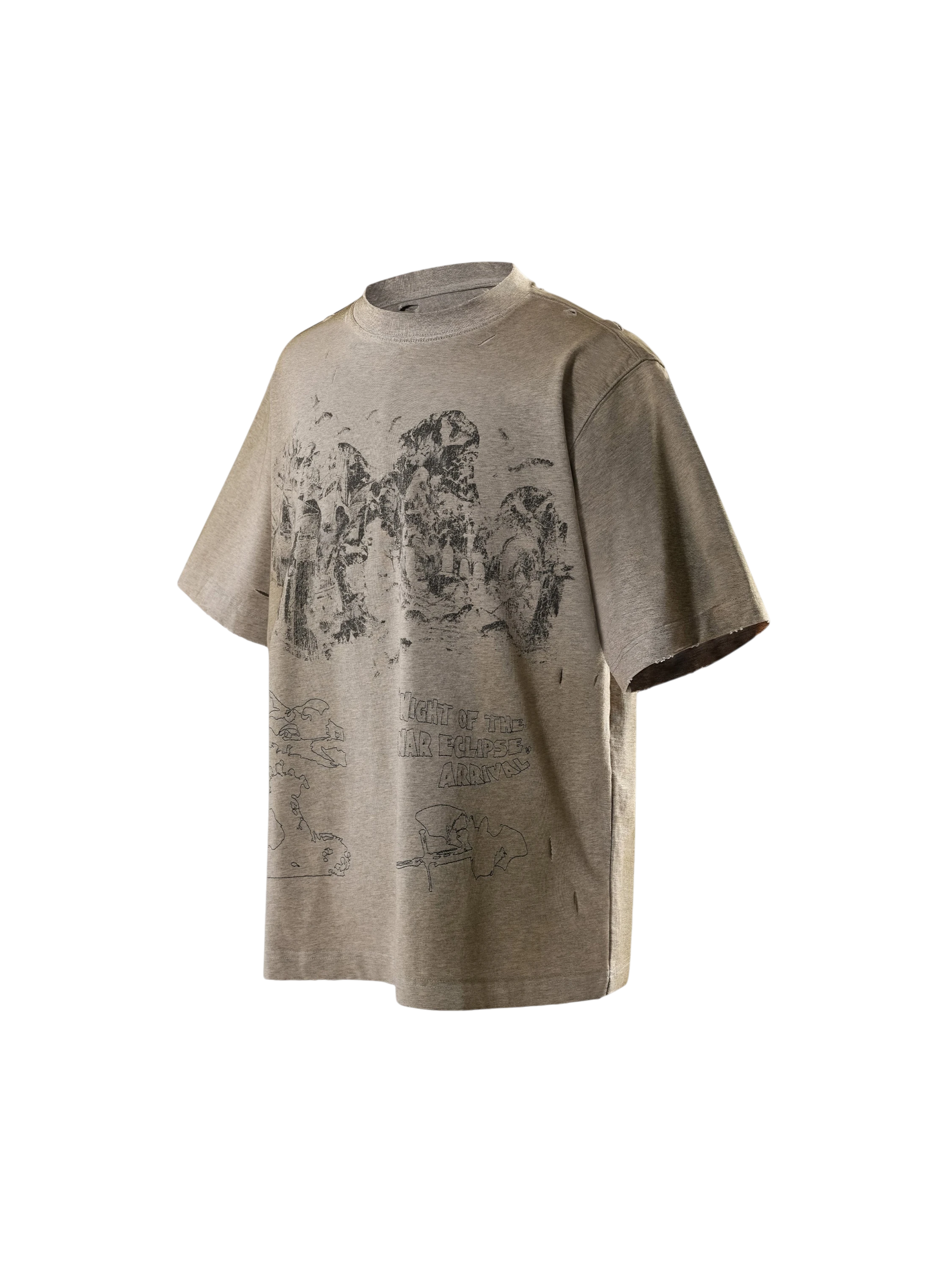 TBHNP arrival deconstructed short-sleeve tee in floral grey, front flat-lay — men's streetwear tee