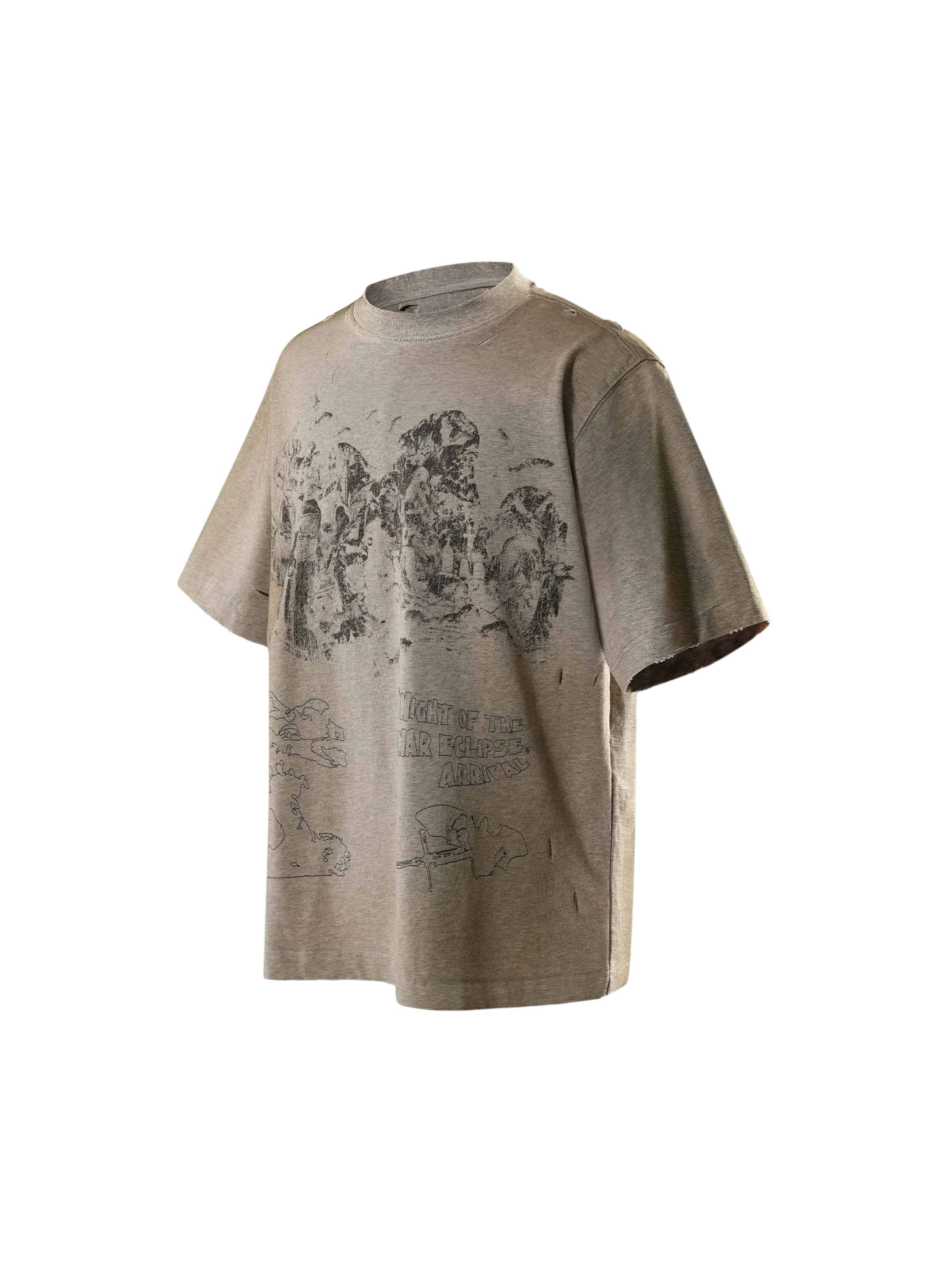 TBHNP arrival deconstructed short-sleeve tee in floral grey, front flat-lay — men's streetwear tee