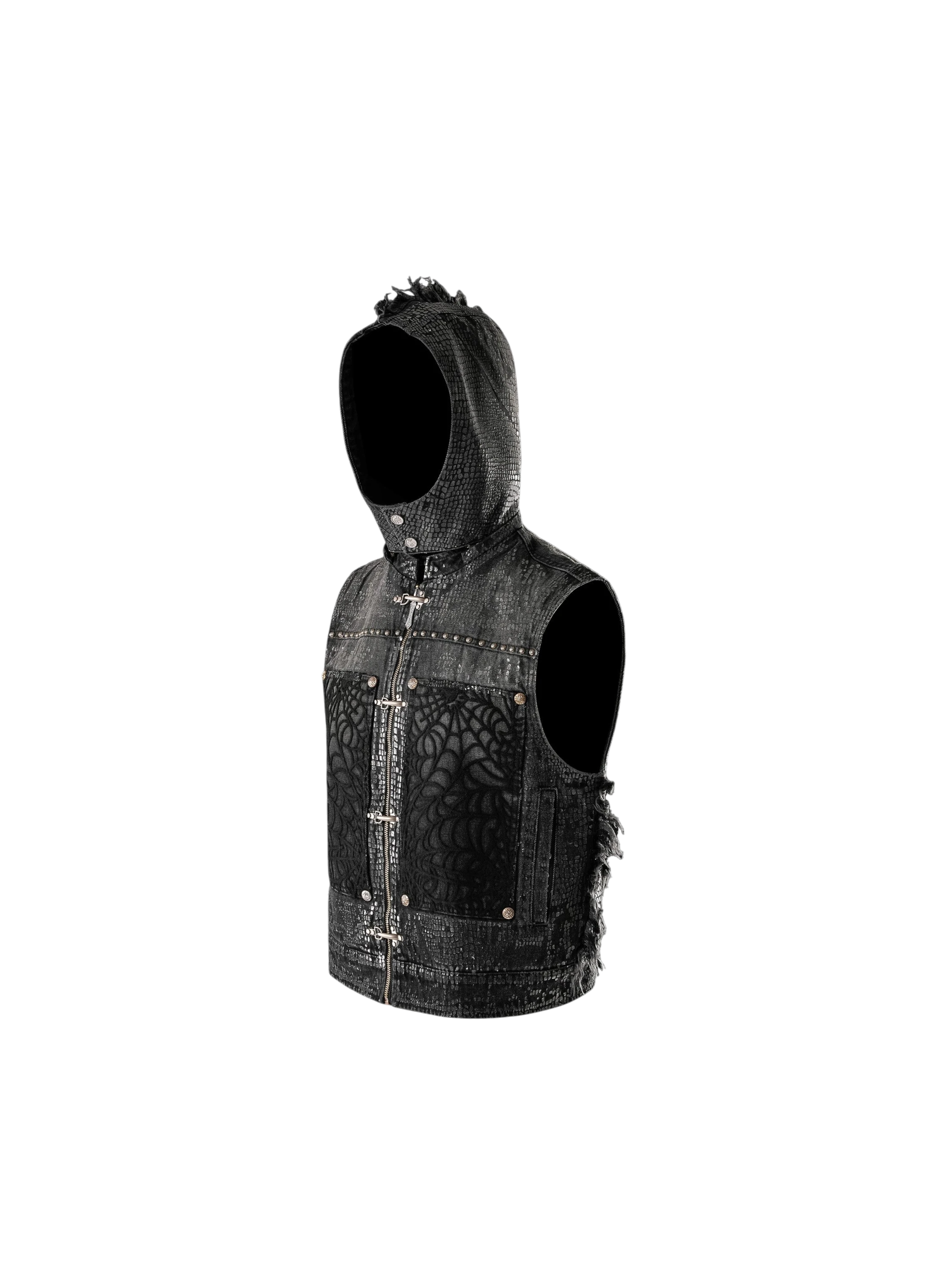 TBHNP Luminous Dawn cobweb distressed denim vest — men's streetwear vest