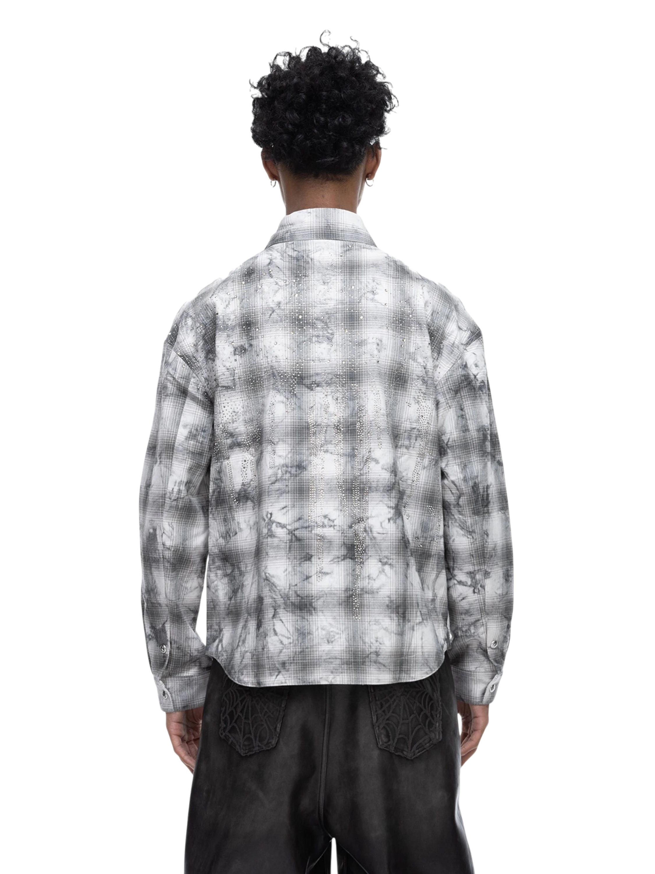 TBHNP Eclipse of the Blood Moon rhinestone buckle plaid flannel shirt — men's gothic streetwear button-up