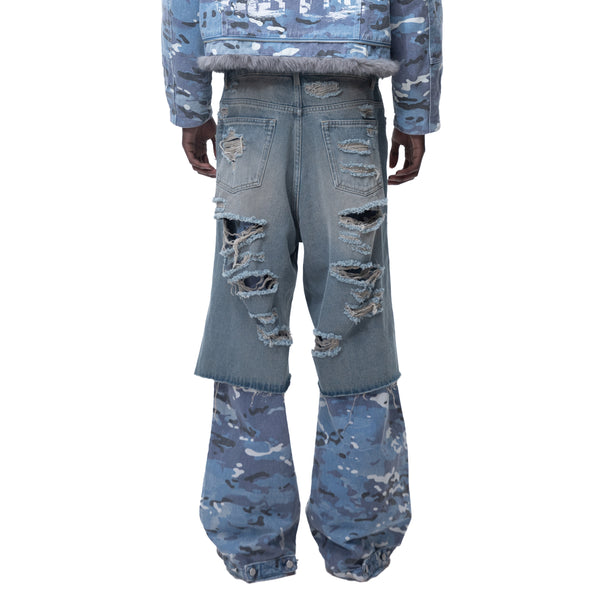 ECLIPSE OF THE BLOOD MOON DISTRESSED DENIM BLUE CAMOUFLAGE LAYERED PANTS