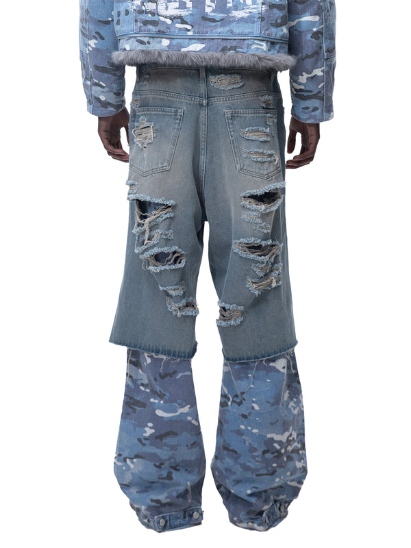 ECLIPSE OF THE BLOOD MOON DISTRESSED DENIM BLUE CAMOUFLAGE LAYERED PANTS