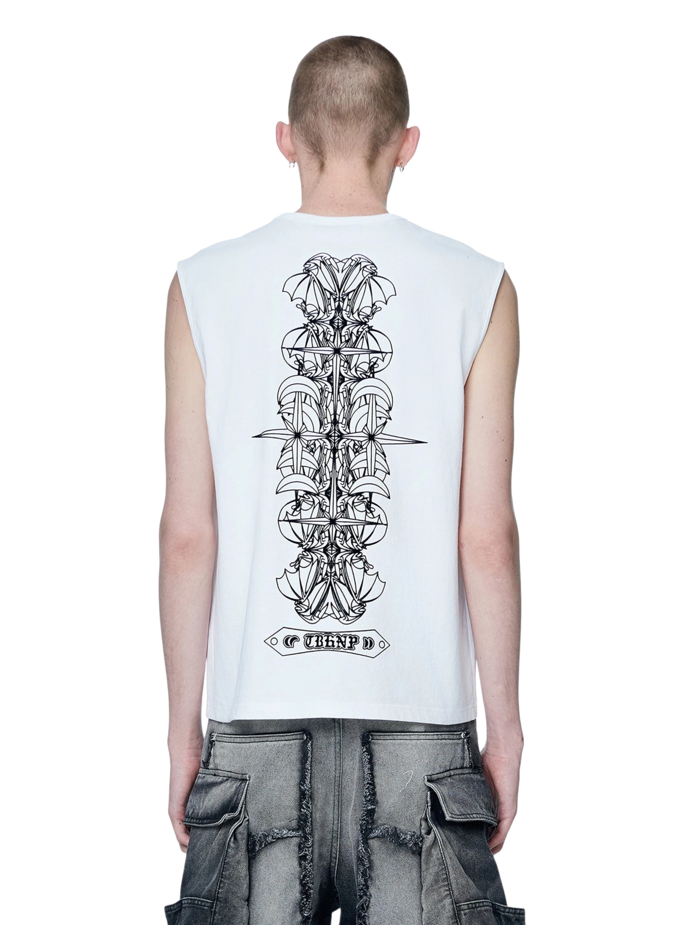 TBHNP white Astral Logo Shadowbat vest, back flat-lay with flocked bat print — men's streetwear sleeveless tee