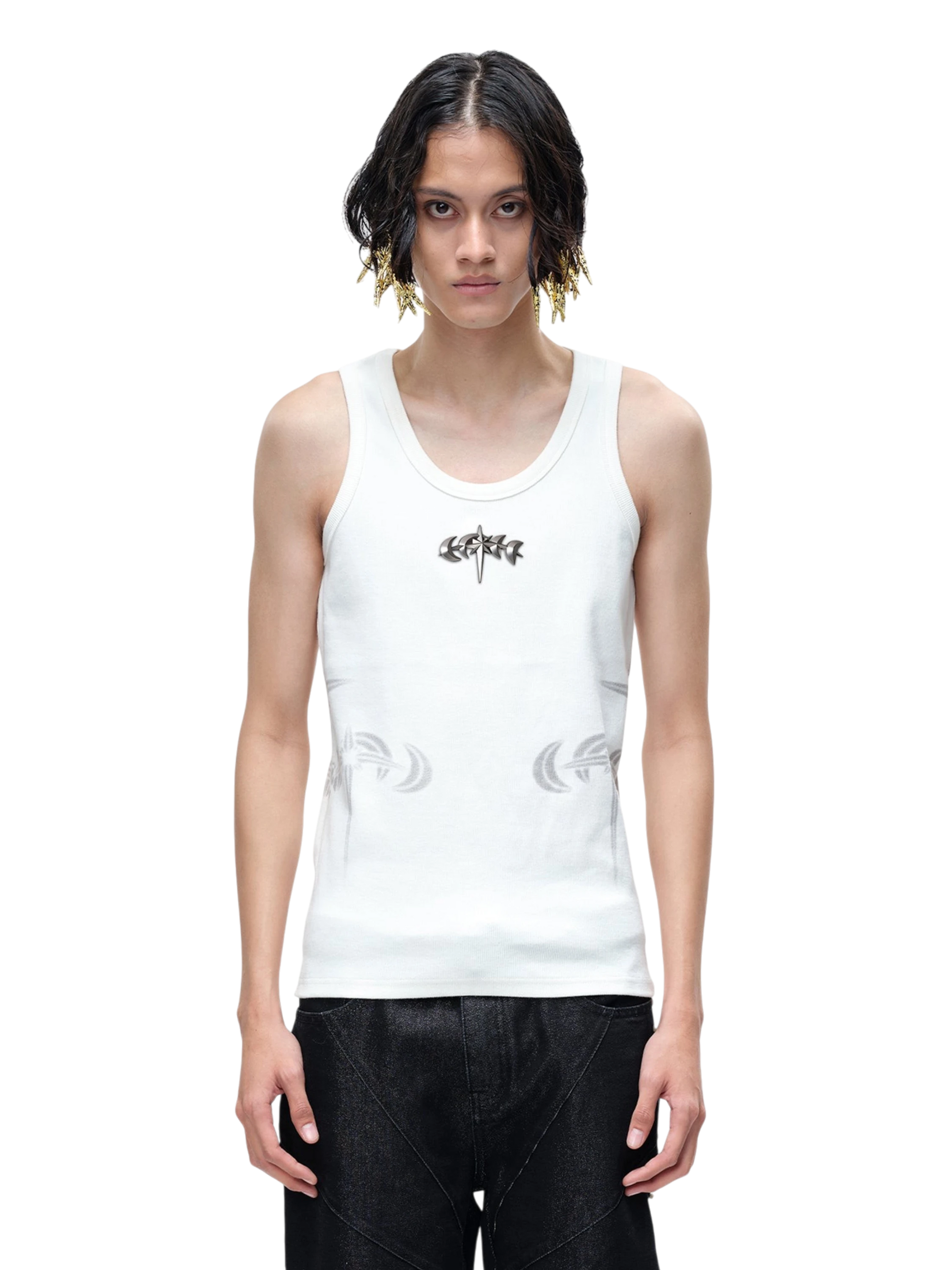 TBHNP Luminous Dawn ribbed cotton tank top with metal astral logo badge — men's streetwear sleeveless tee