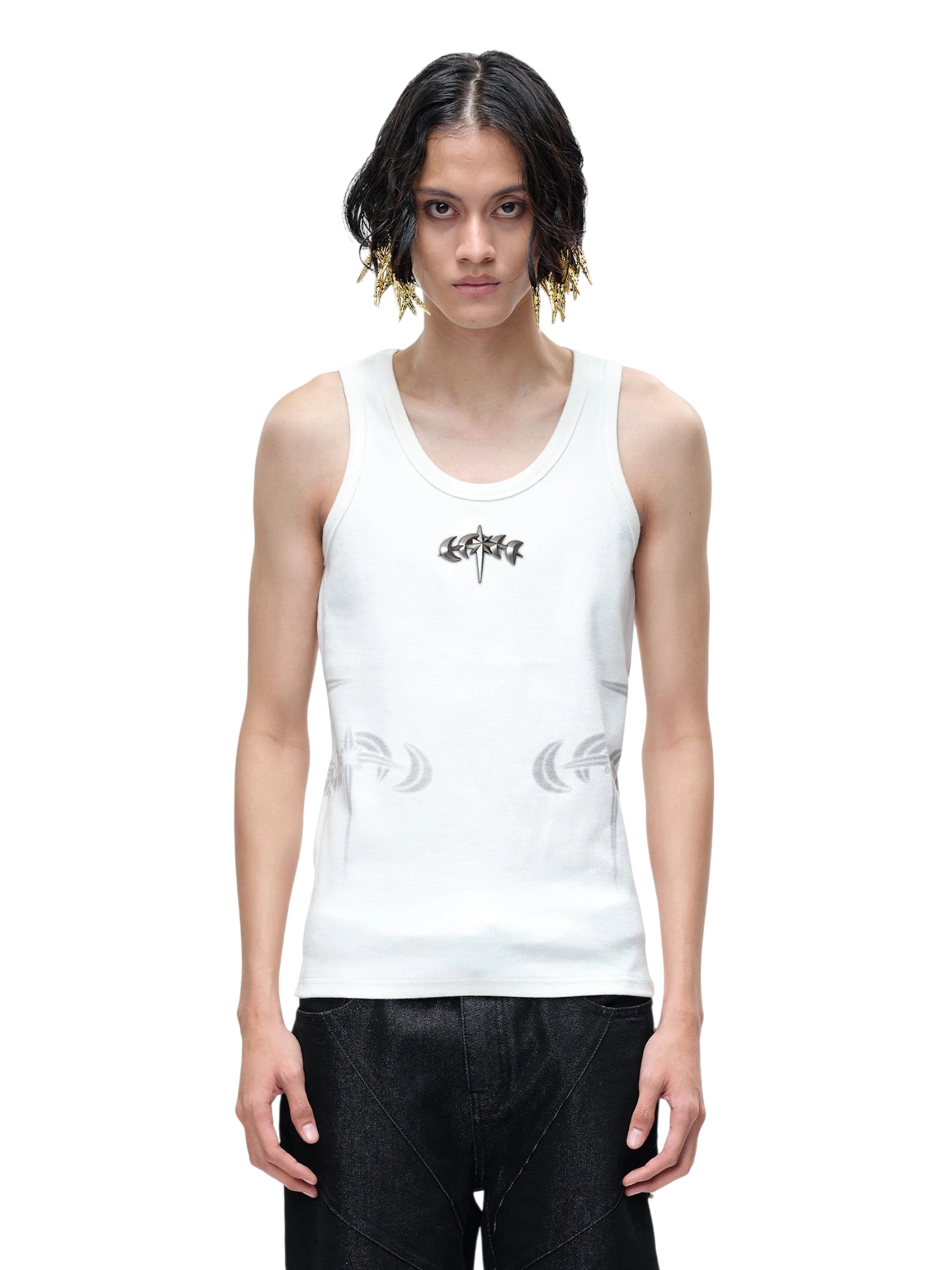 TBHNP Luminous Dawn ribbed cotton tank top with metal astral logo badge — men's streetwear sleeveless tee