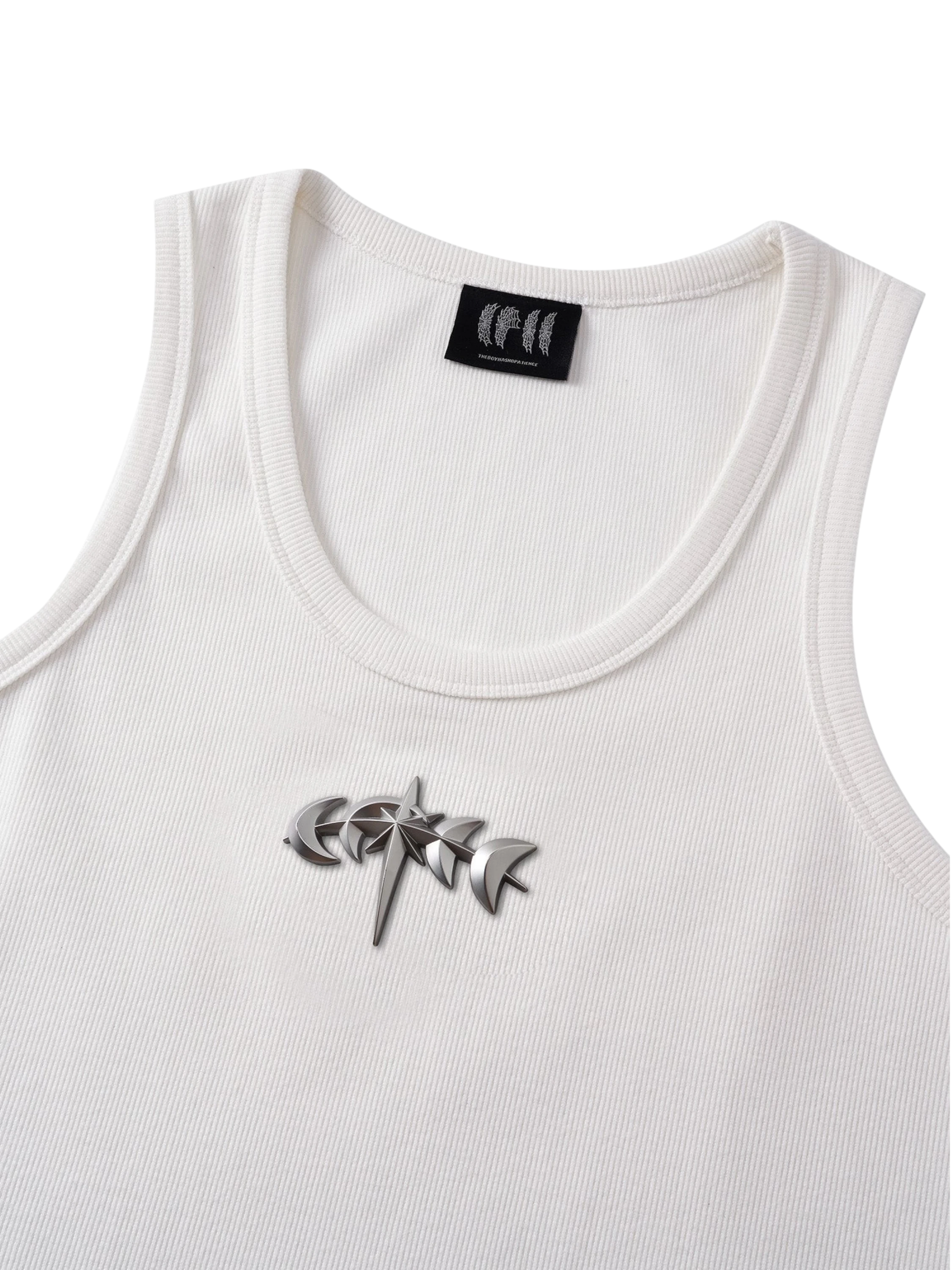 TBHNP Luminous Dawn ribbed cotton tank top with metal astral logo badge — men's streetwear sleeveless tee
