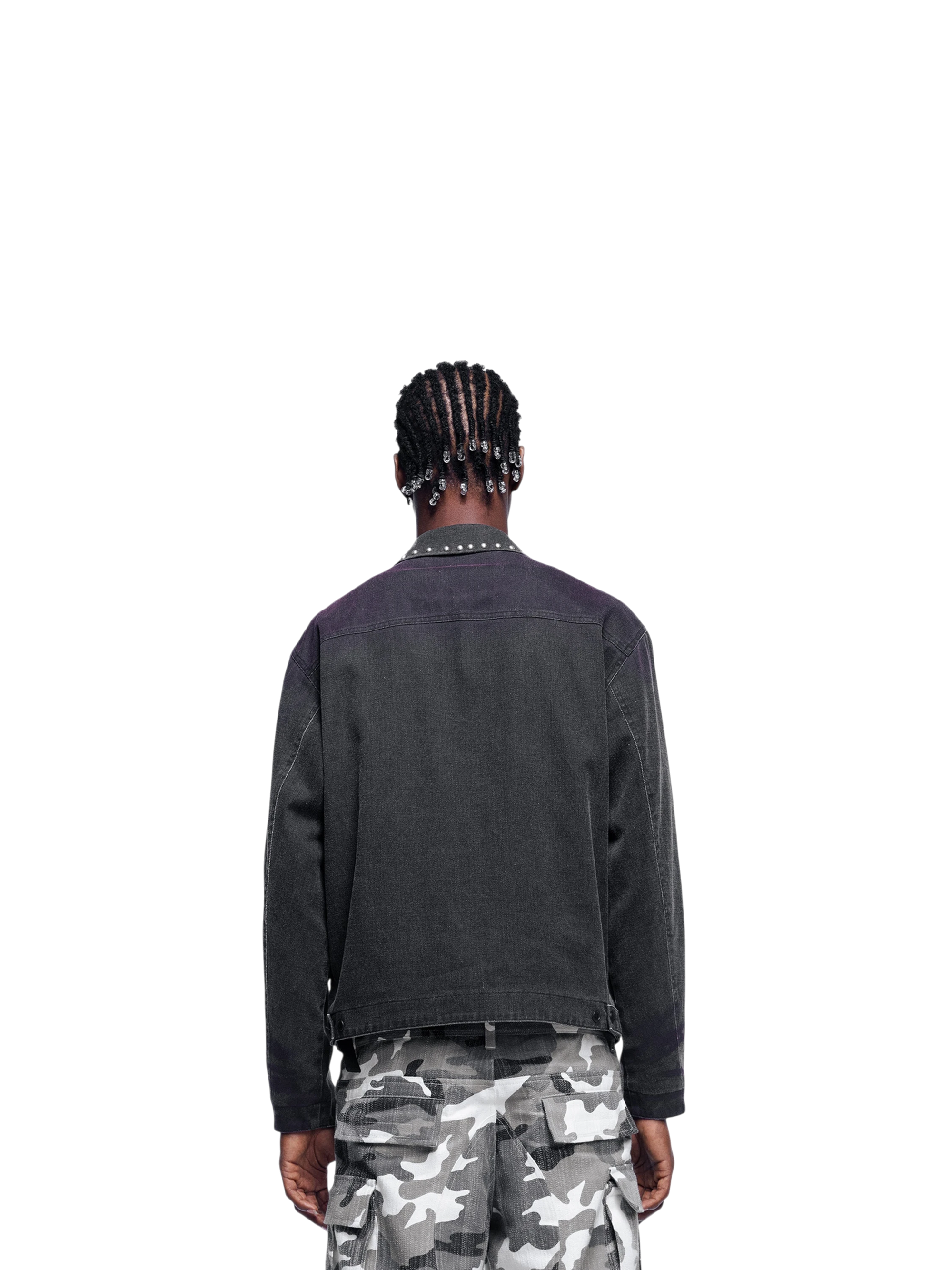 Male model wearing TBHNP black spray-painted blazer, back view — men's streetwear blazer