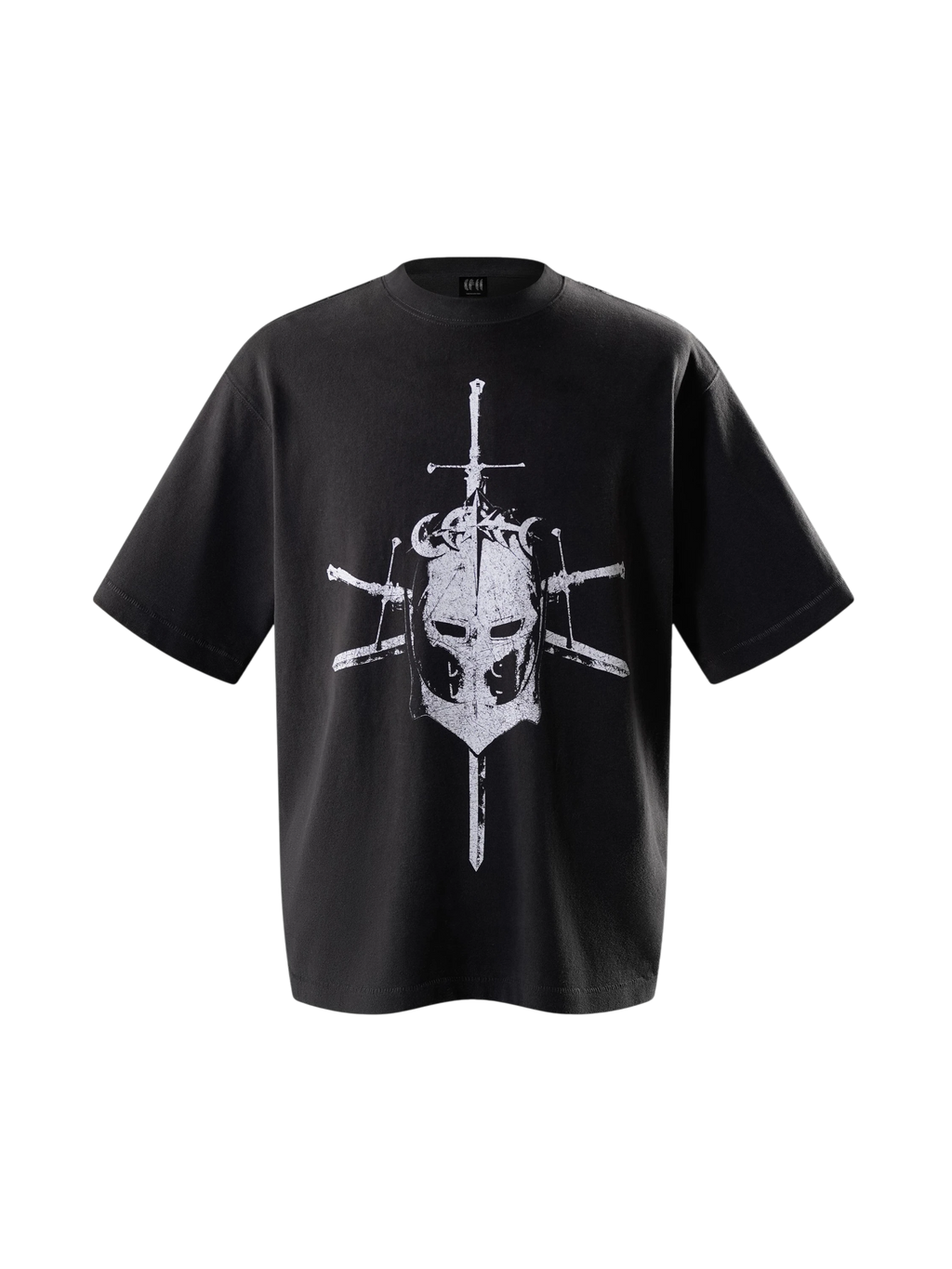 TBHNP Luminous Dawn Knight & Sword tee in dark grey, front flat-lay — men's streetwear tee