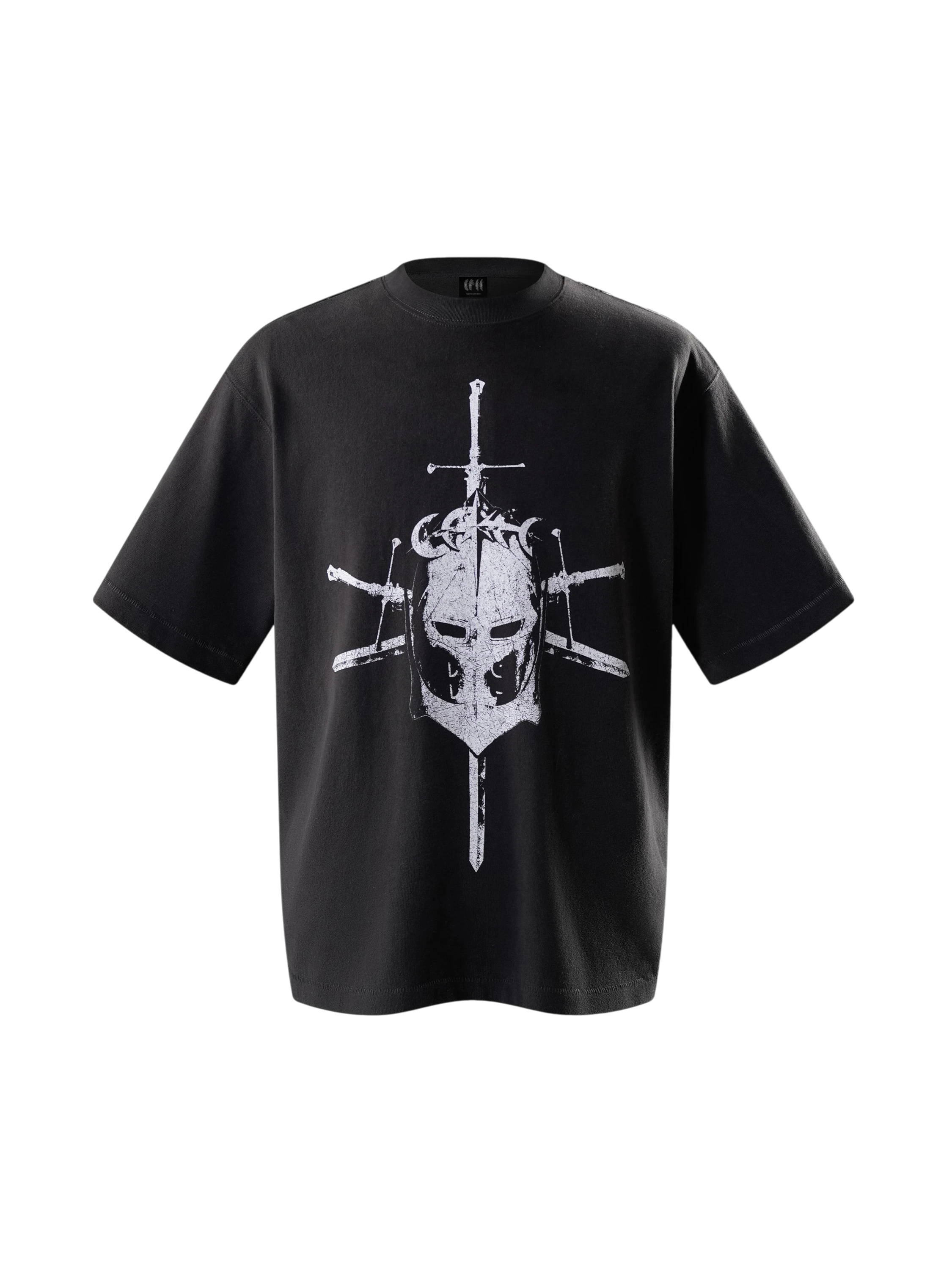 TBHNP Luminous Dawn Knight & Sword tee in dark grey, front flat-lay — men's streetwear tee