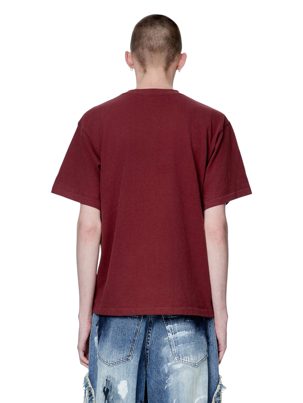 Model wearing TBHNP red Knight & Sword tee, back view — men's streetwear tee
