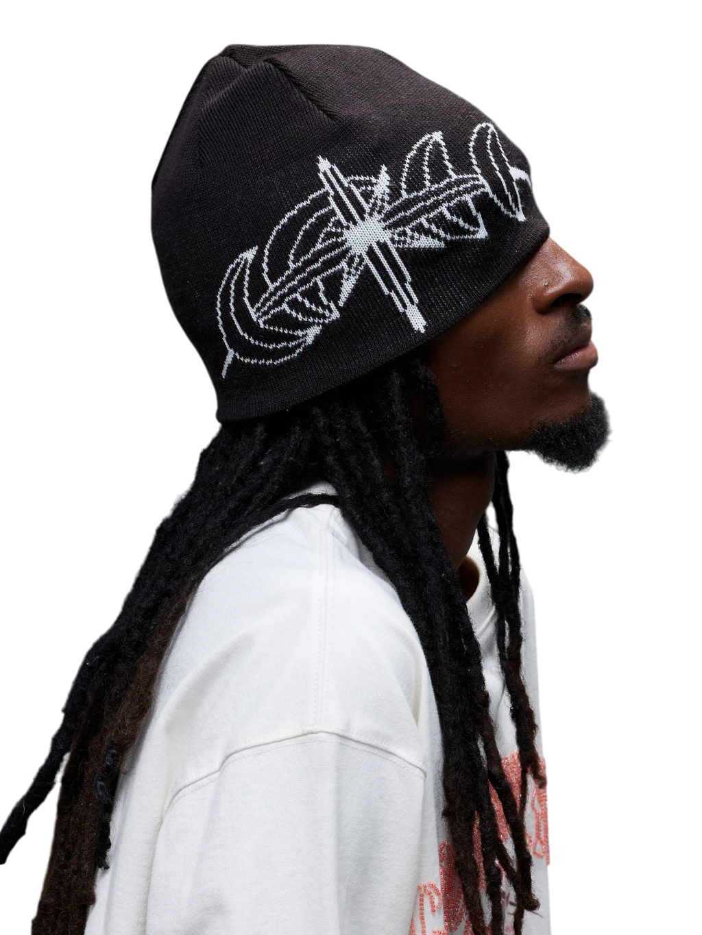Black Luminous Dawn jacquard beanie worn in profile