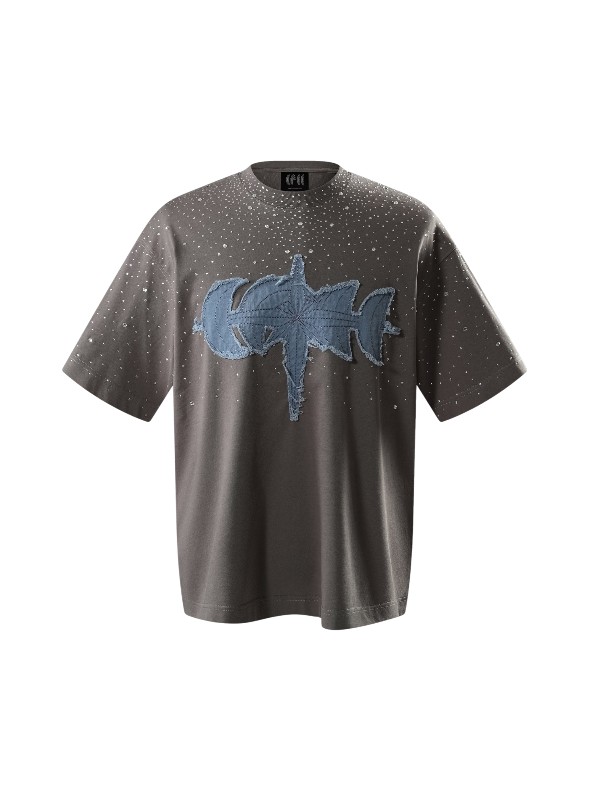 TBHNP Luminous Dawn washed boxy cotton t-shirt with rhinestones and patch embroidery — men's streetwear graphic tee