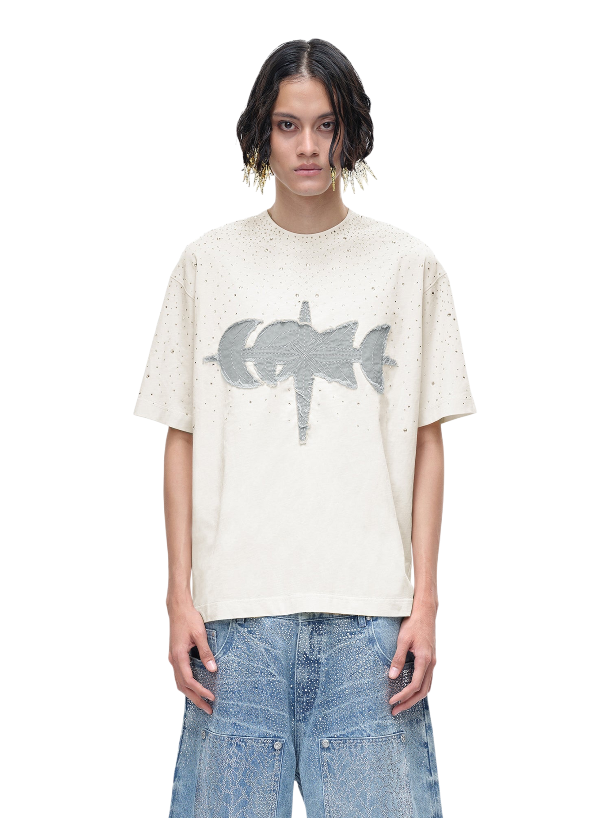 TBHNP Luminous Dawn washed boxy cotton t-shirt with rhinestones and patch embroidery — men's streetwear graphic tee