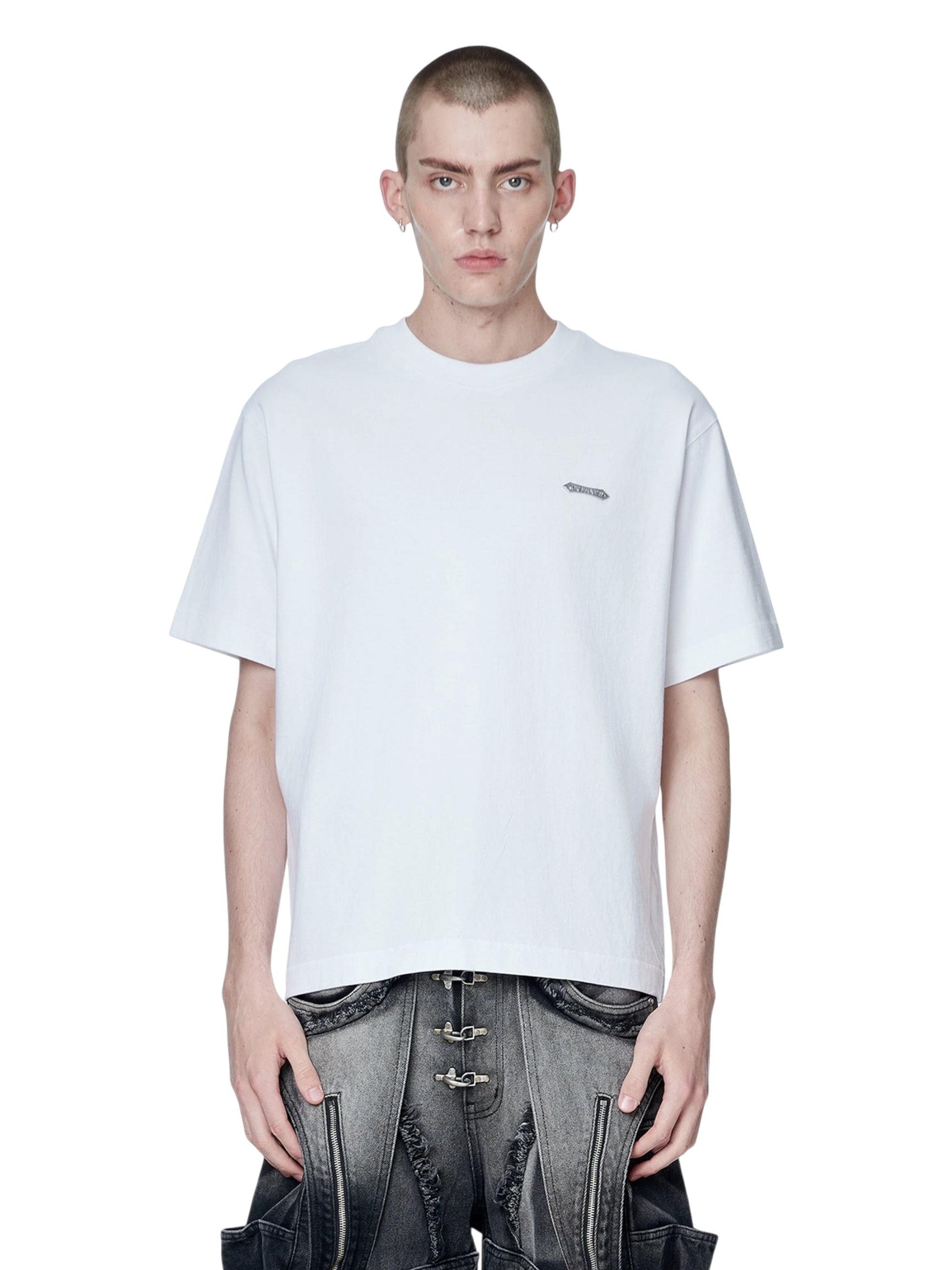 Model wearing TBHNP white Emblem & Shadowbat tee, front — men's streetwear tee