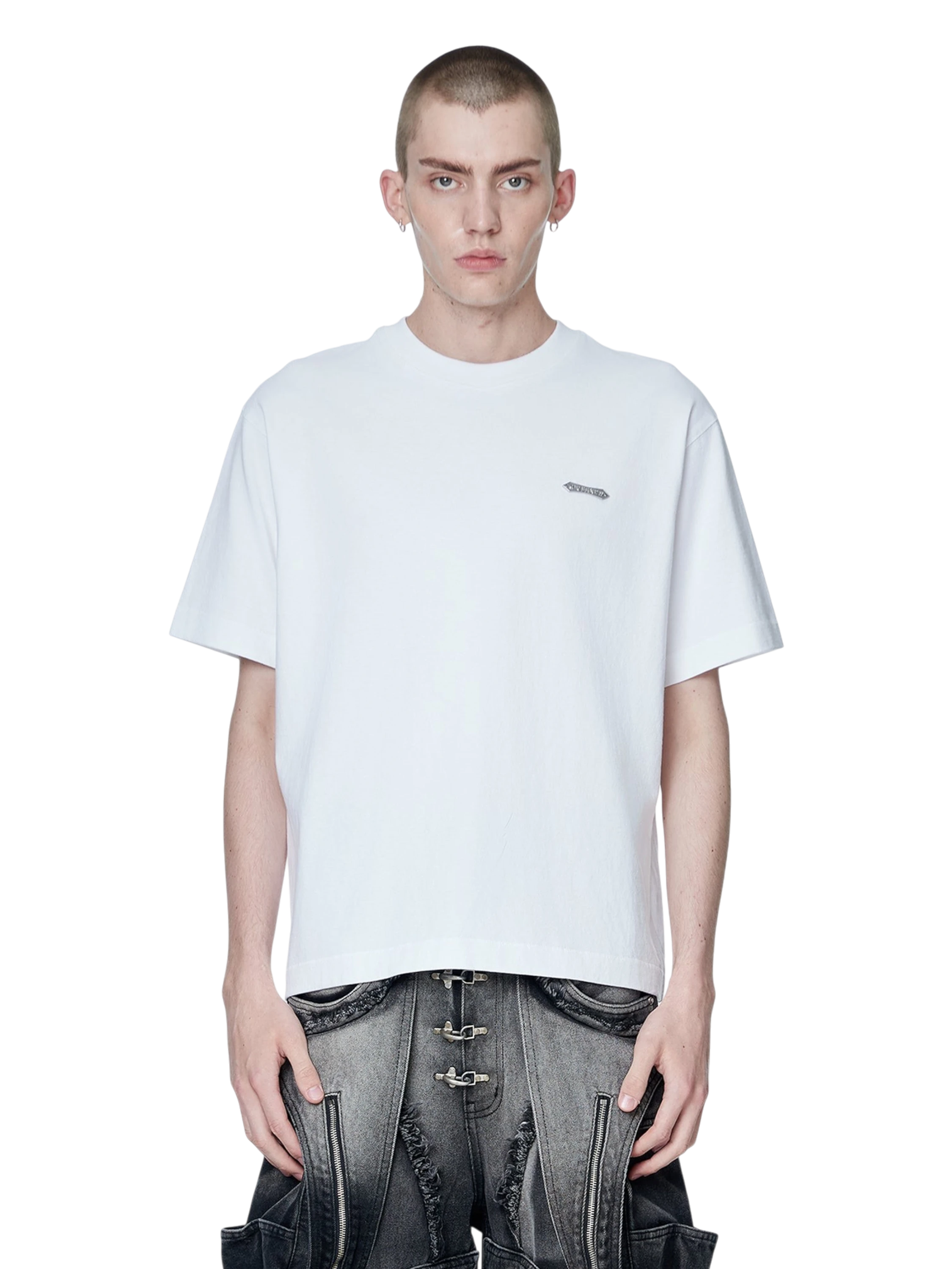 Model wearing TBHNP white Emblem & Shadowbat tee, front — men's streetwear tee