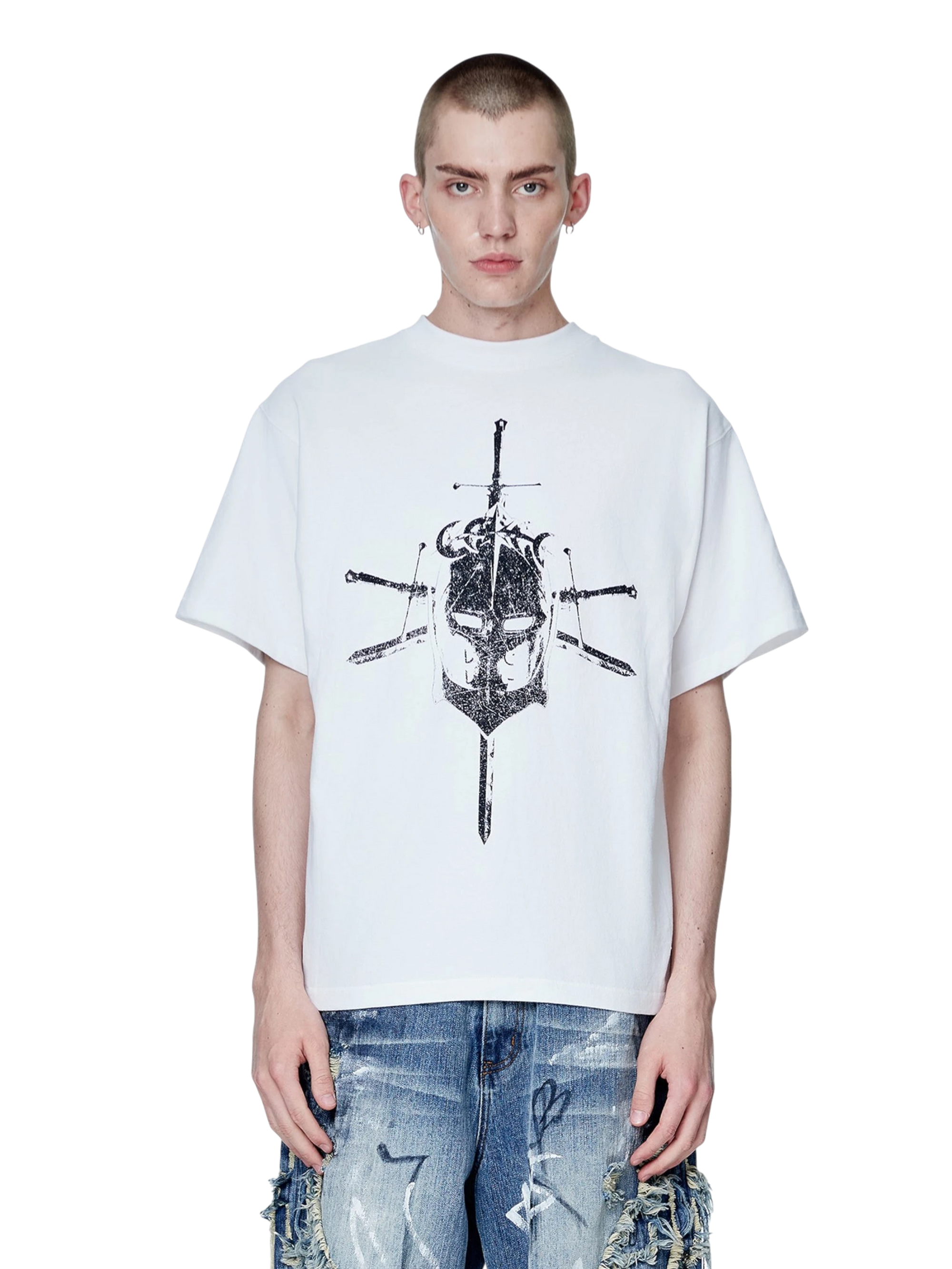 Model wearing TBHNP white Knight & Sword tee, front — men's streetwear tee