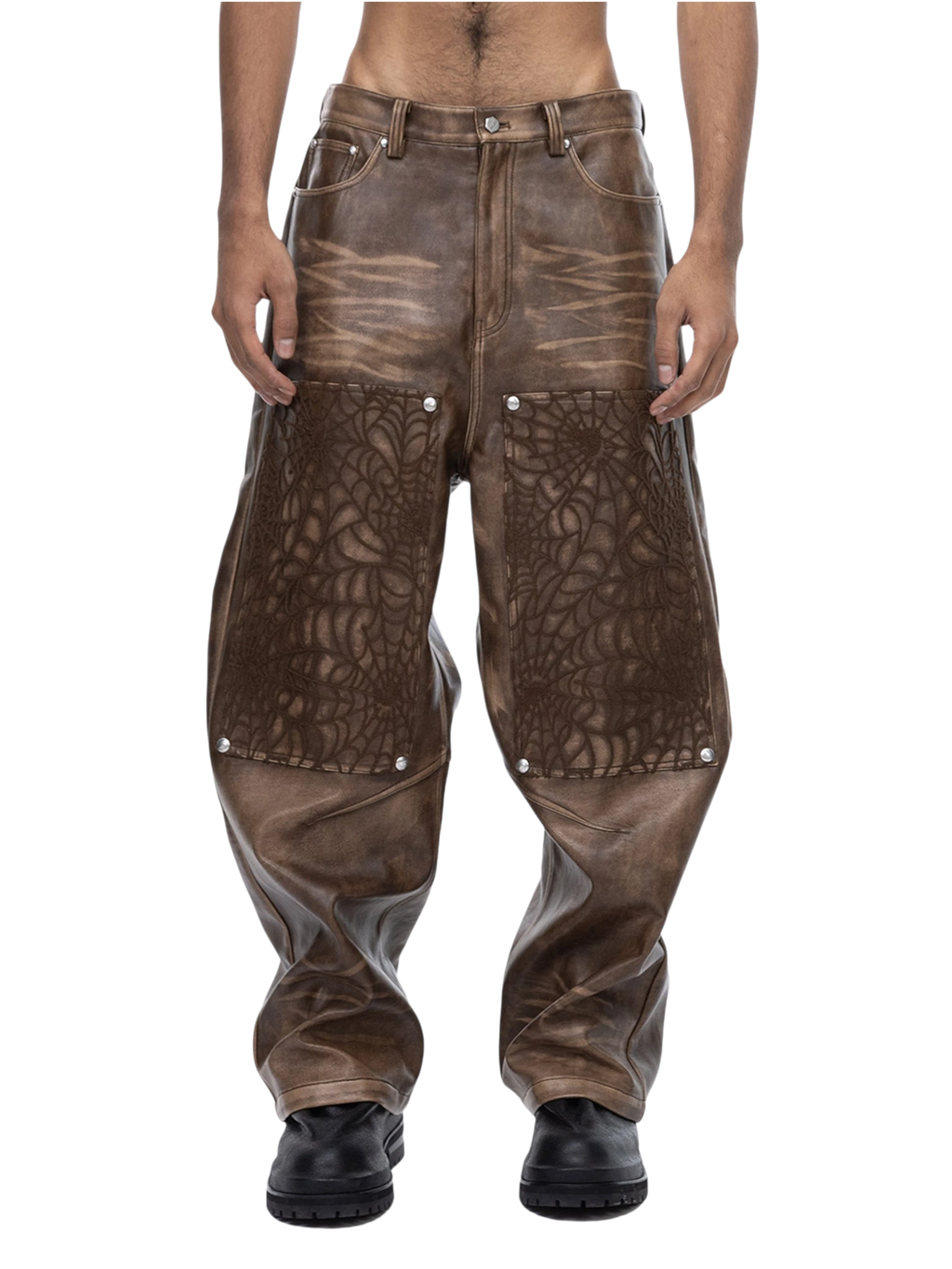 ECLIPSE OF THE BLOOD MOON COBWEB EMBROIDERED FAUX LEATHER PANTS