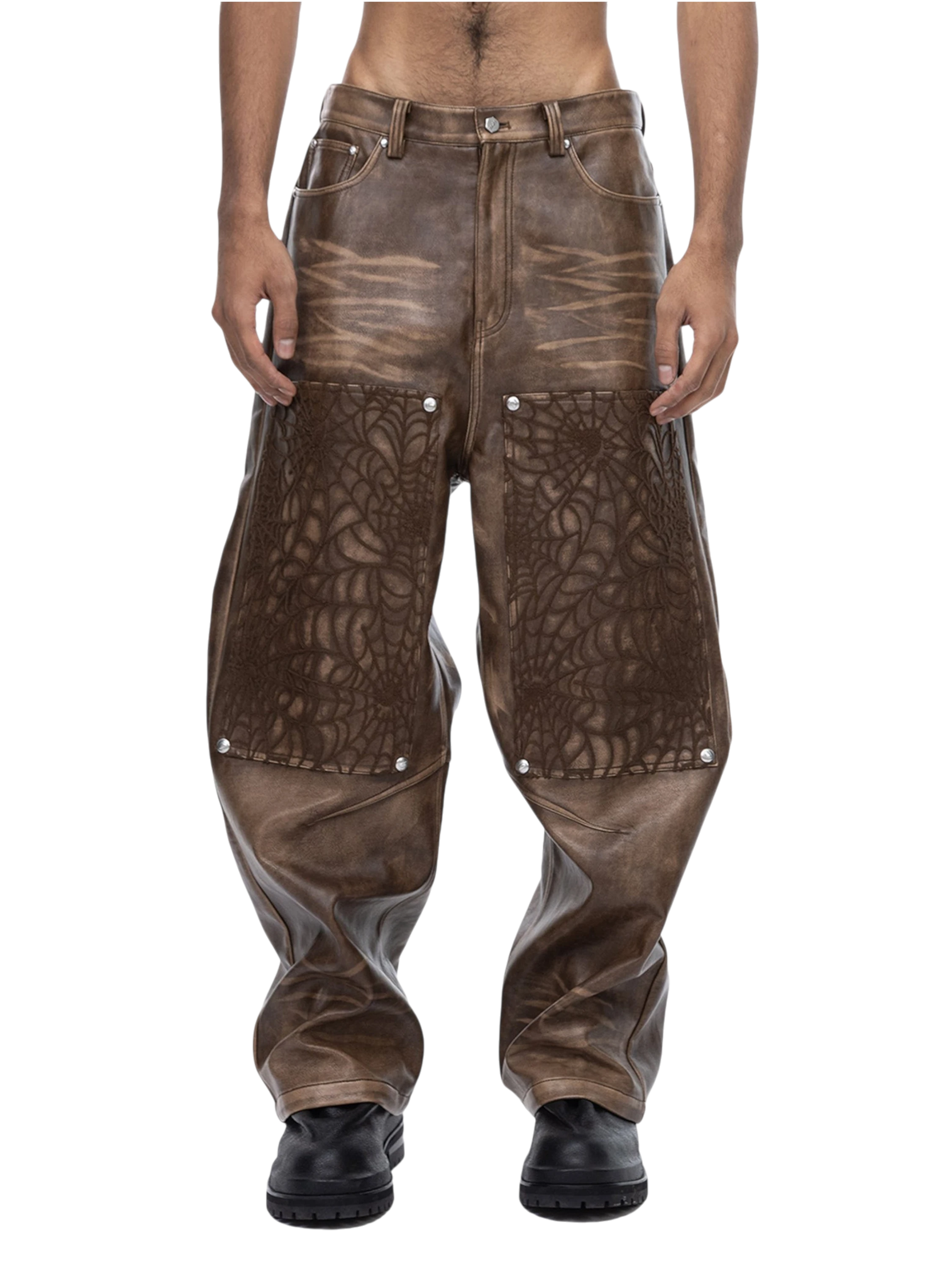TBHNP Eclipse of the Blood Moon cobweb embroidered faux leather pants — men's gothic streetwear trousers