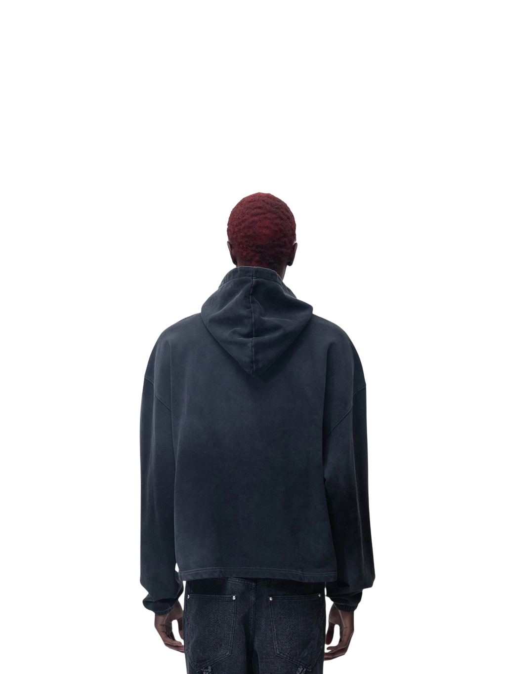 Model wearing TBHNP black arrival knight hoodie, front angle — men's streetwear hoodie