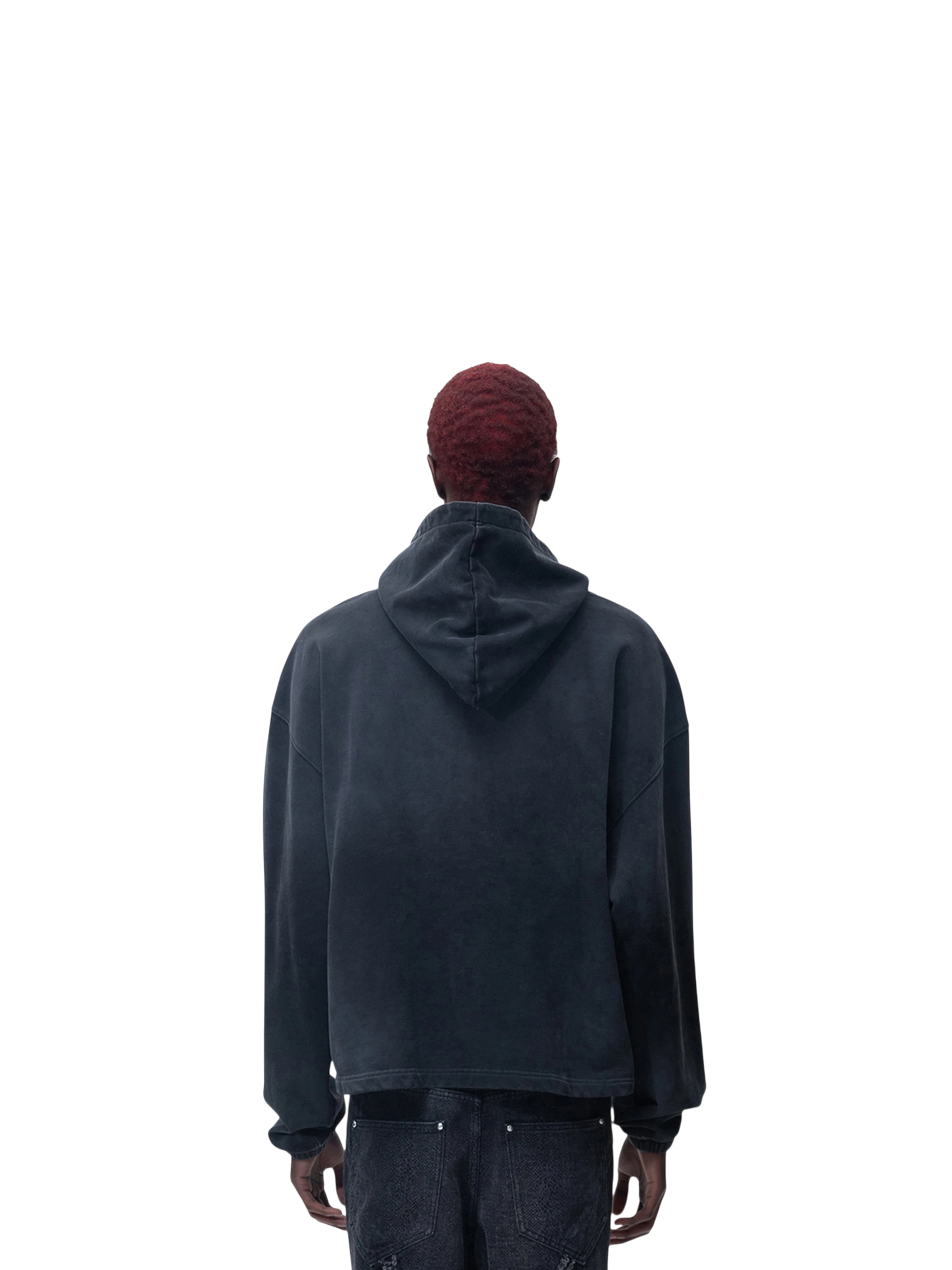Model wearing TBHNP black arrival knight hoodie, front angle — men's streetwear hoodie