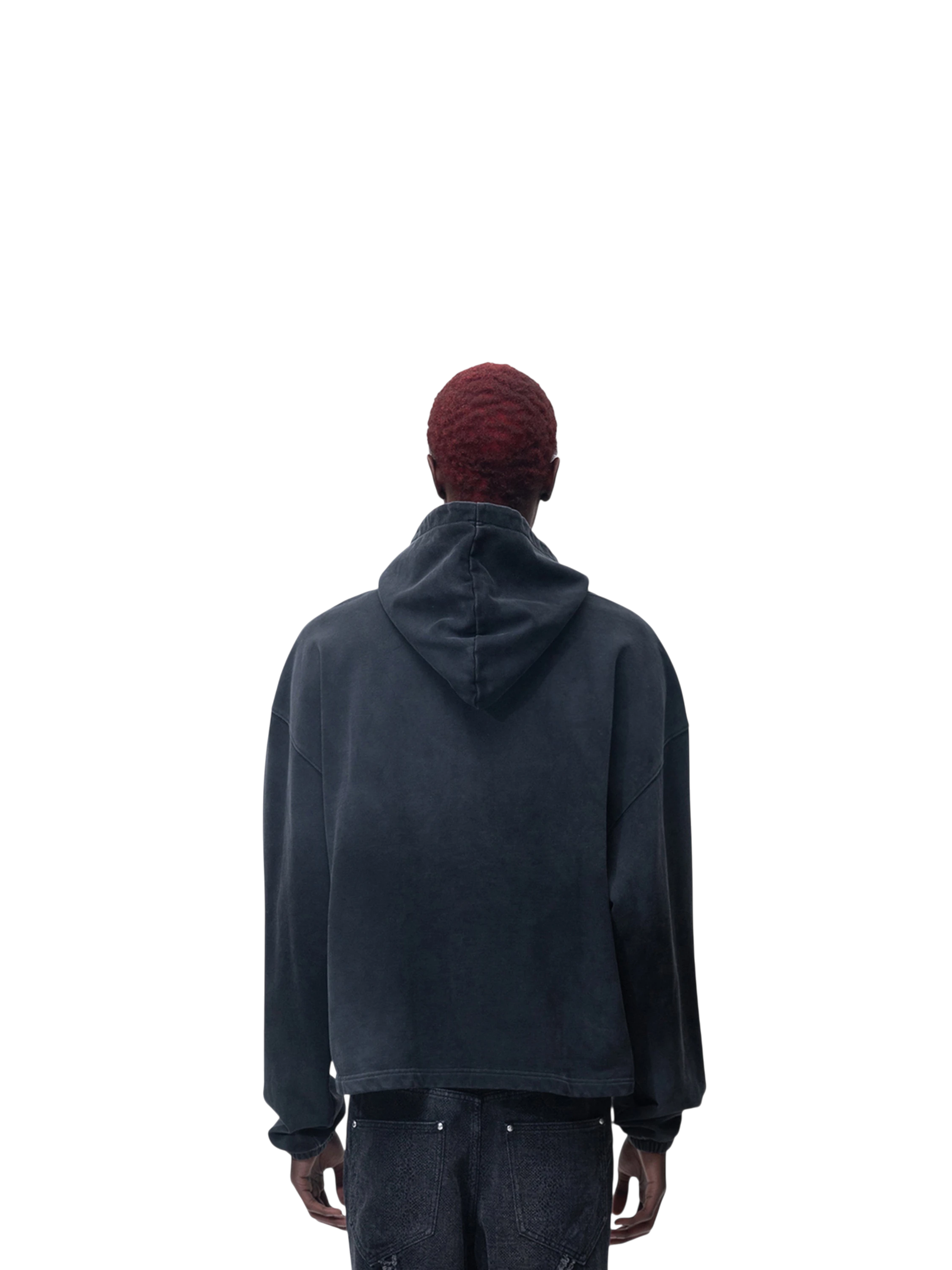 Model wearing TBHNP black arrival knight hoodie, front angle — men's streetwear hoodie