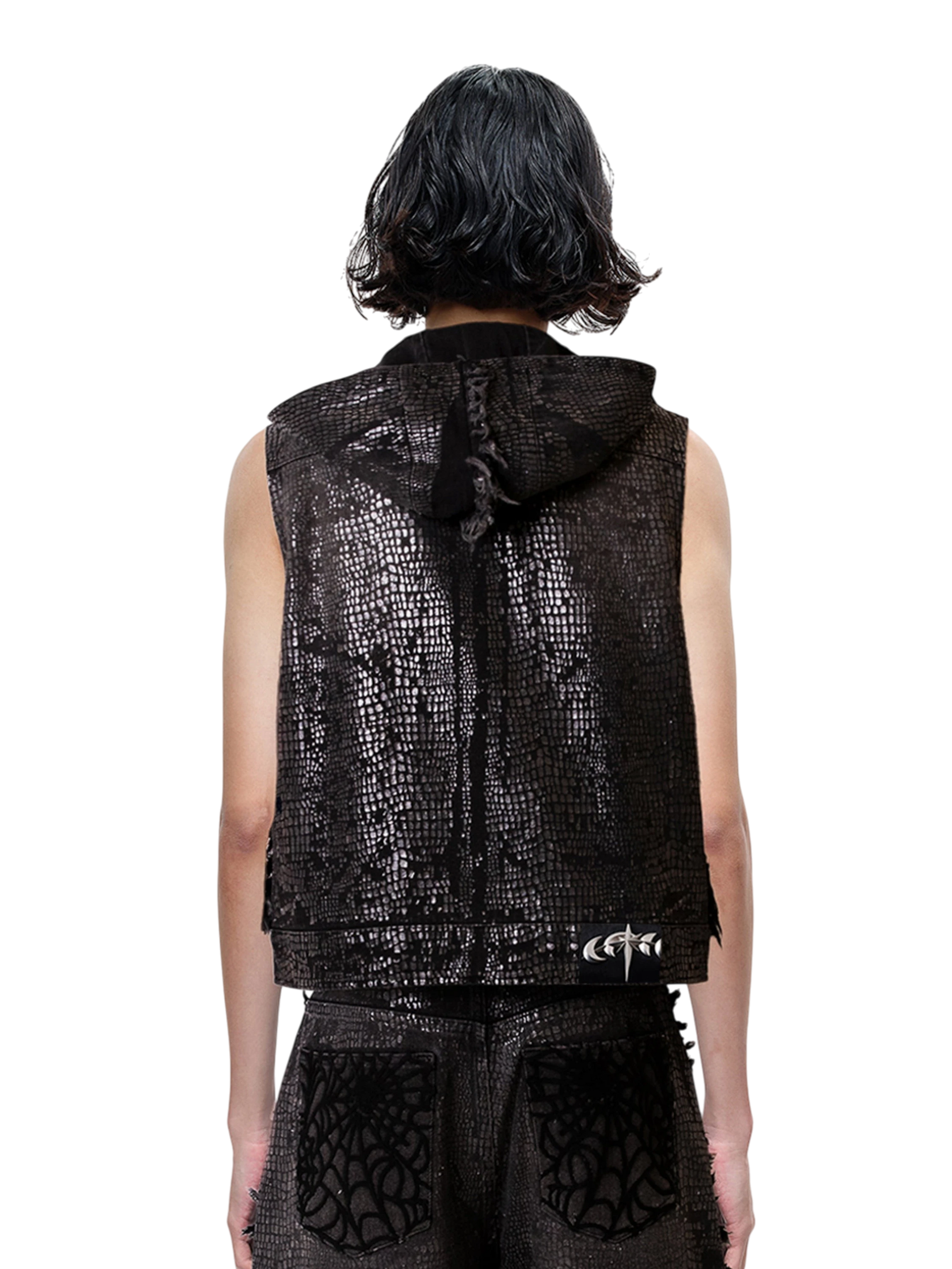 TBHNP Luminous Dawn cobweb distressed denim vest — men's streetwear vest