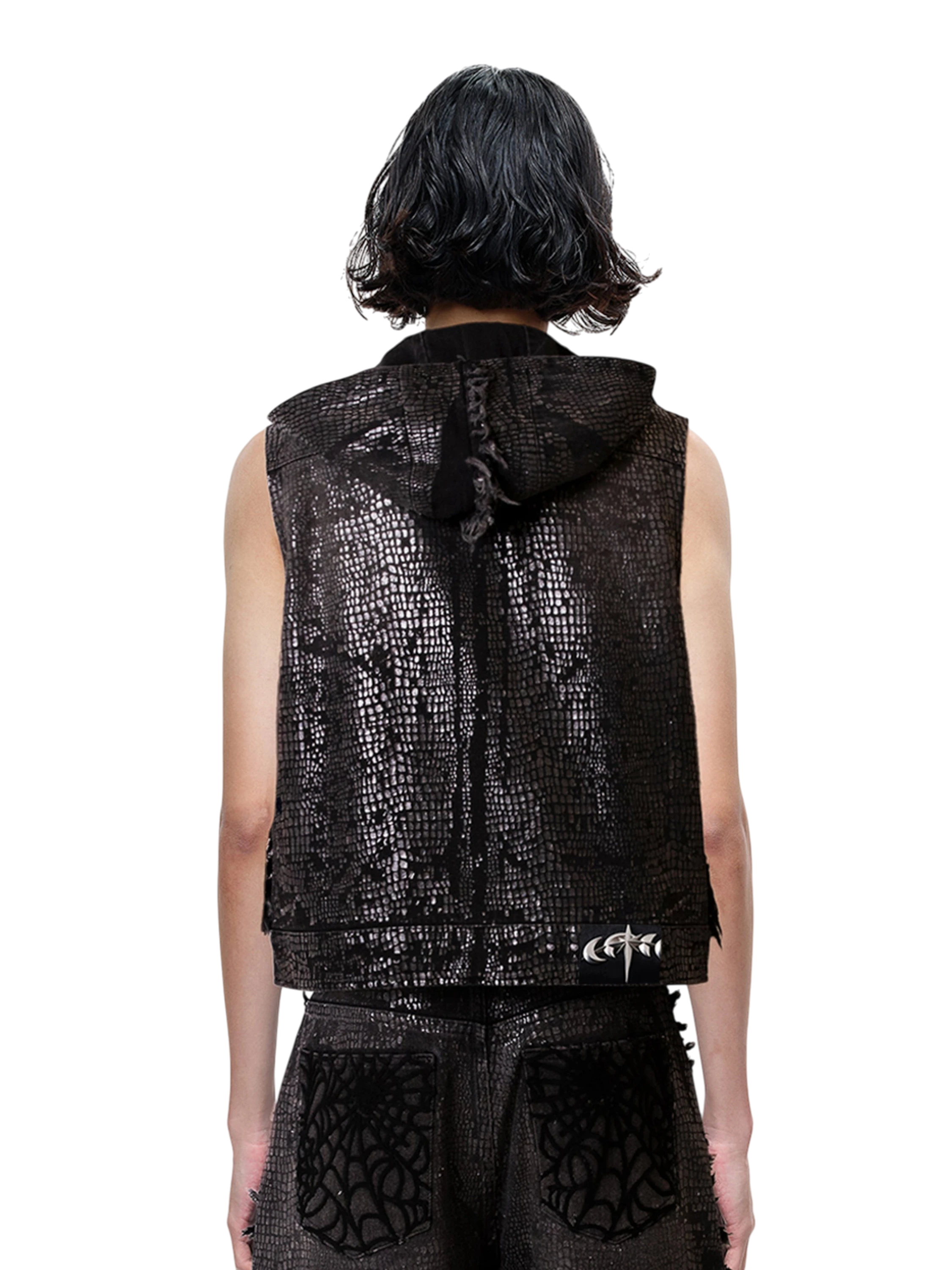 TBHNP Luminous Dawn cobweb distressed denim vest — men's streetwear vest