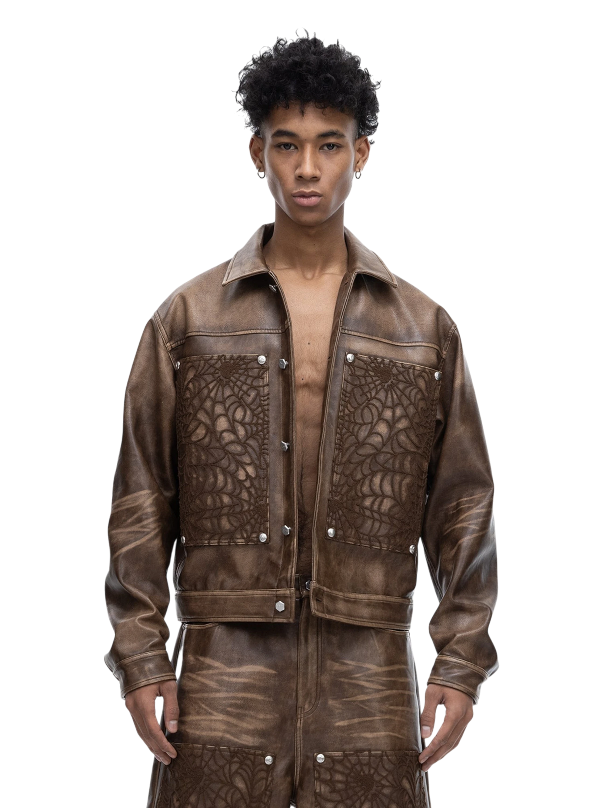 TBHNP Eclipse of the Blood Moon cobweb embroidered faux leather jacket — men's gothic streetwear jacket