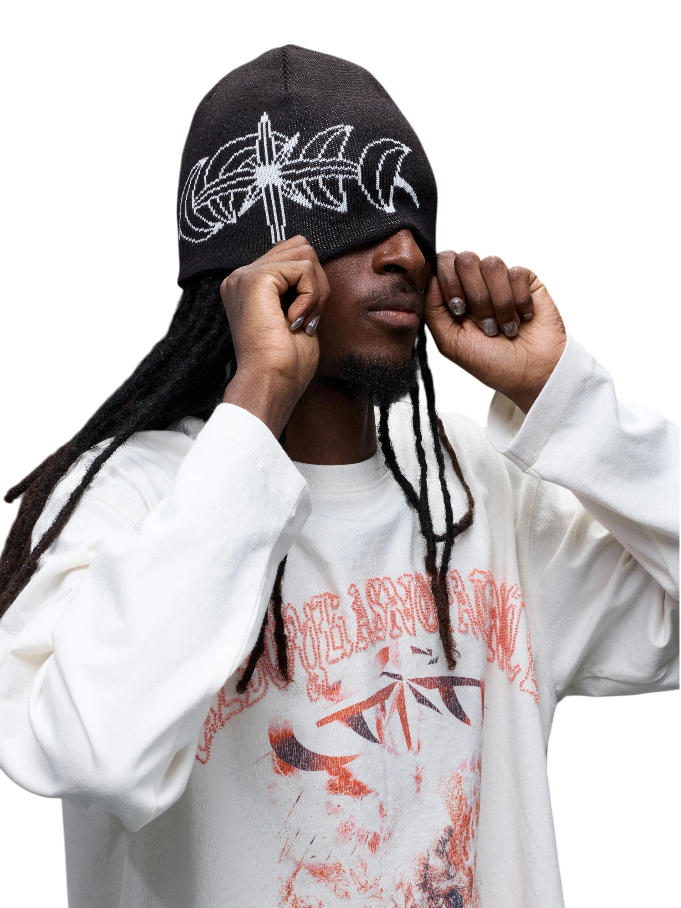 Model wearing Black jacquard beanie with astral motif, front view