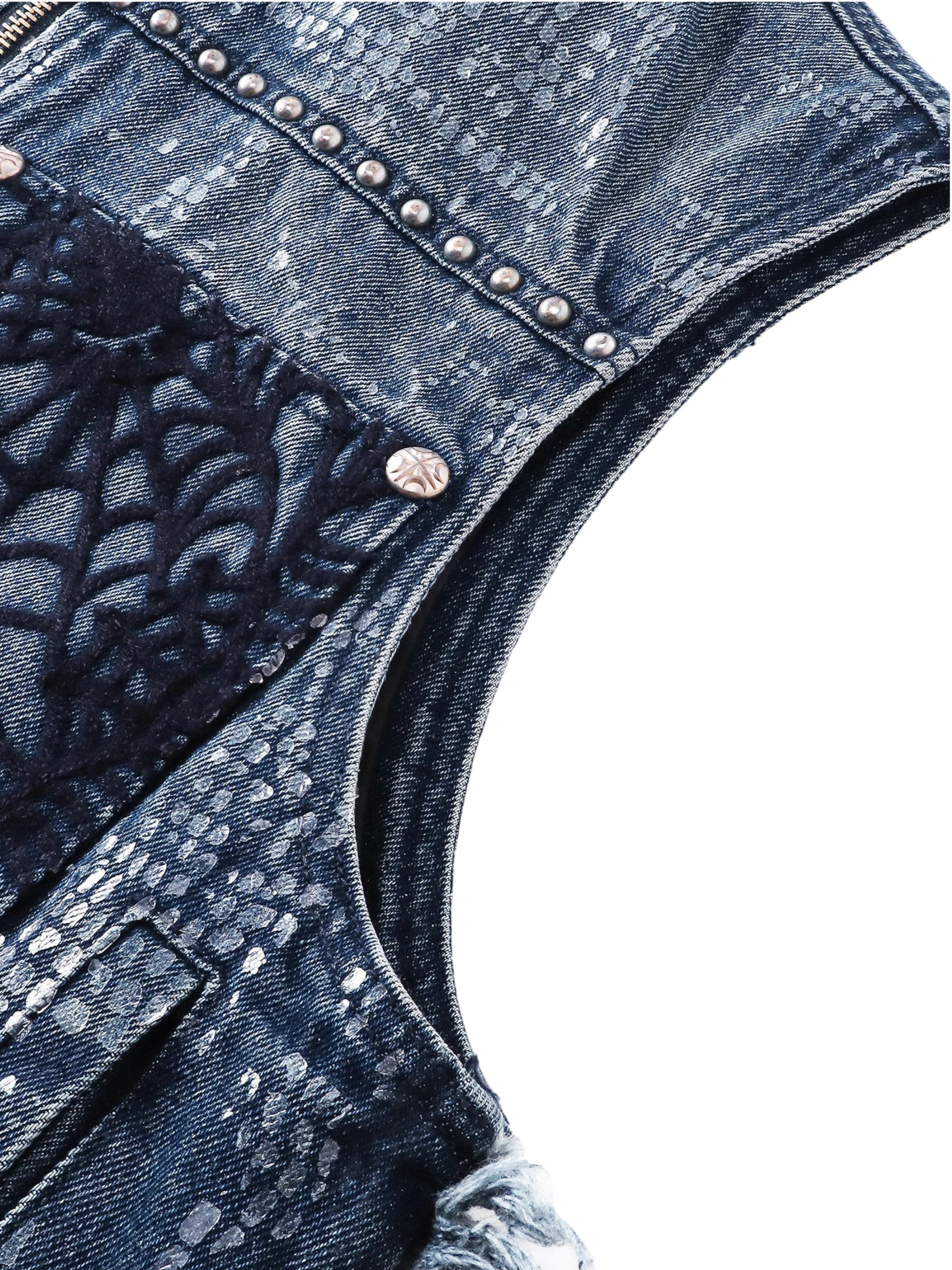 TBHNP Luminous Dawn cobweb distressed denim vest — men's streetwear vest