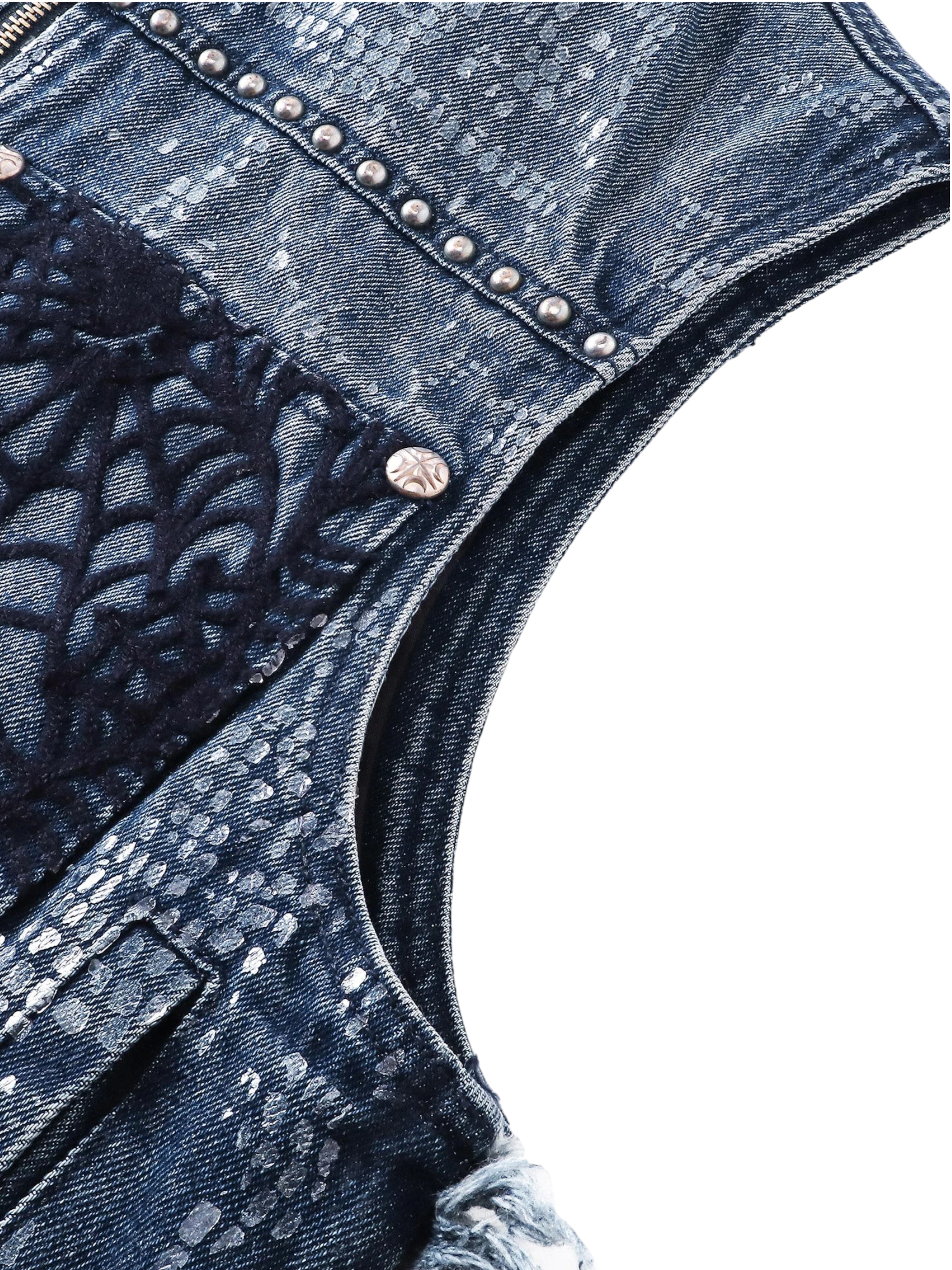 TBHNP Luminous Dawn cobweb distressed denim vest — men's streetwear vest