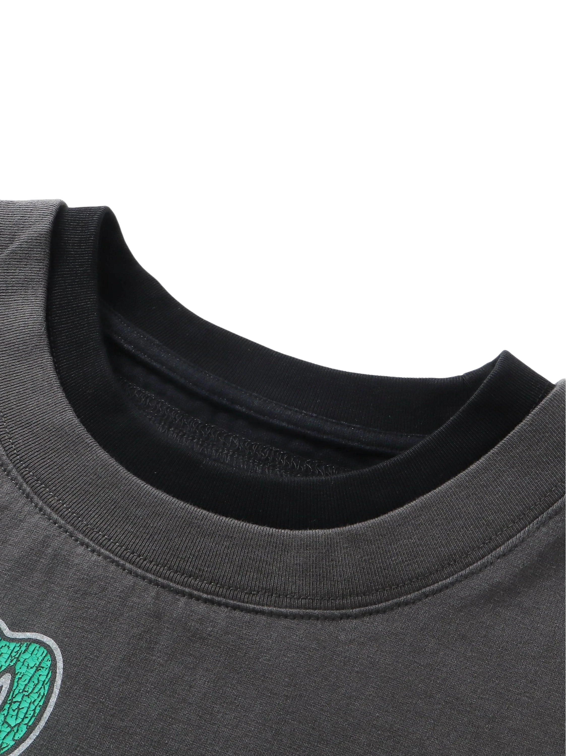 Close-up of the layered collar on TBHNP black knight long-sleeve tee — men's streetwear detail