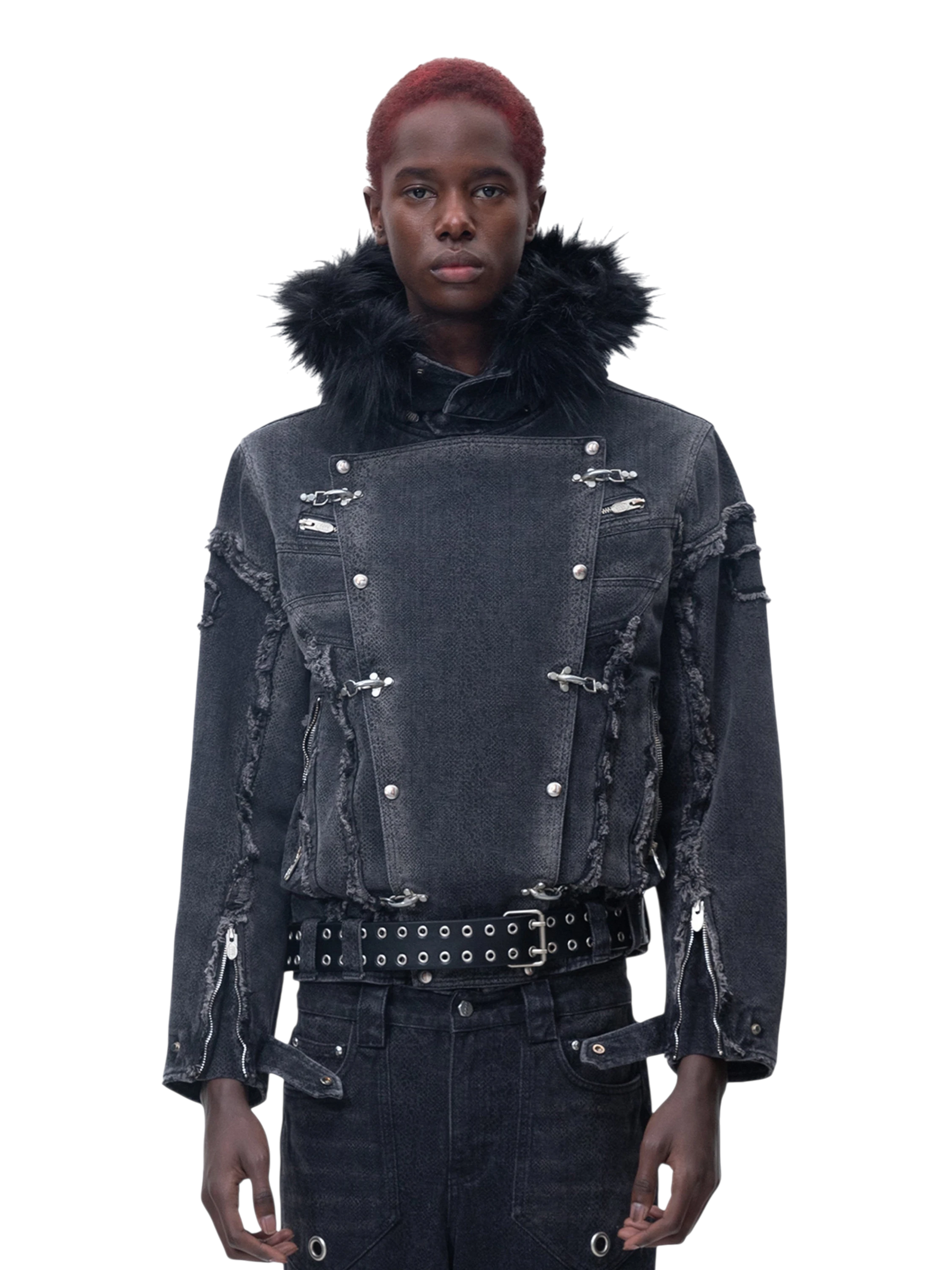 TBHNP Eclipse of the Blood Moon cobra print fur-hood moto jacket, black — men's streetwear jacket