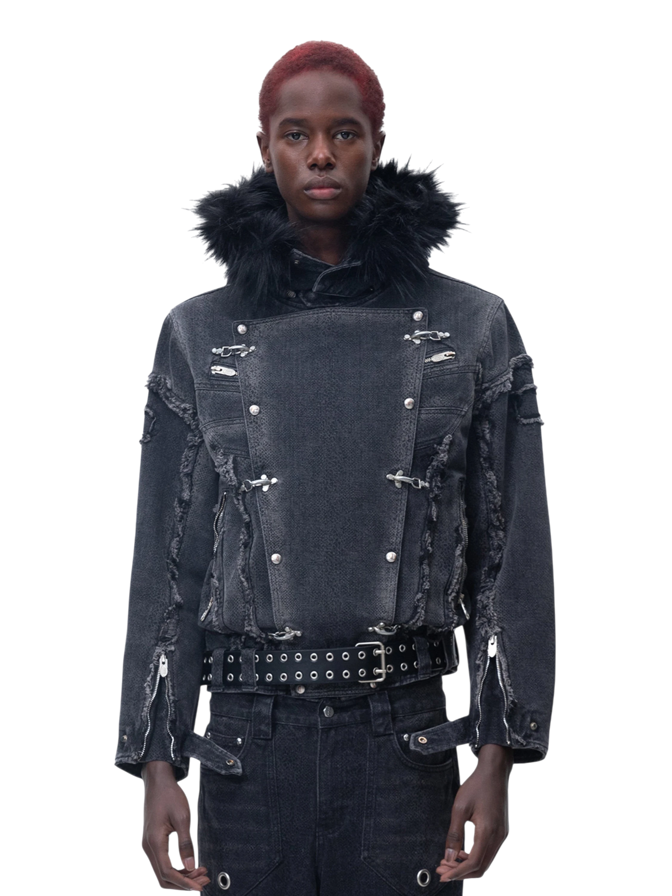 TBHNP Eclipse of the Blood Moon cobra print fur-hood moto jacket, black — men's streetwear jacket
