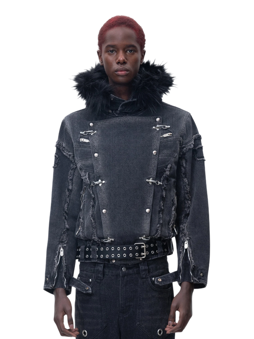 TBHNP Eclipse of the Blood Moon cobra print fur-hood moto jacket, black — men's streetwear jacket
